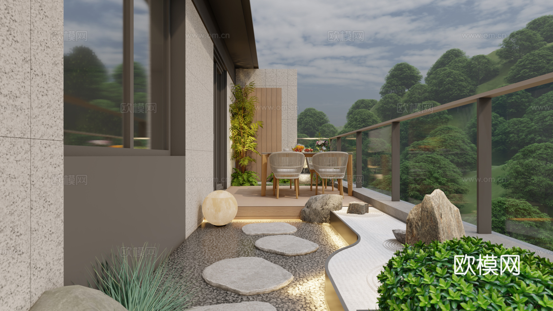 现代景观阳台 露台 屋顶花园 禅意日式景观 砾石汀步 餐桌椅su模型