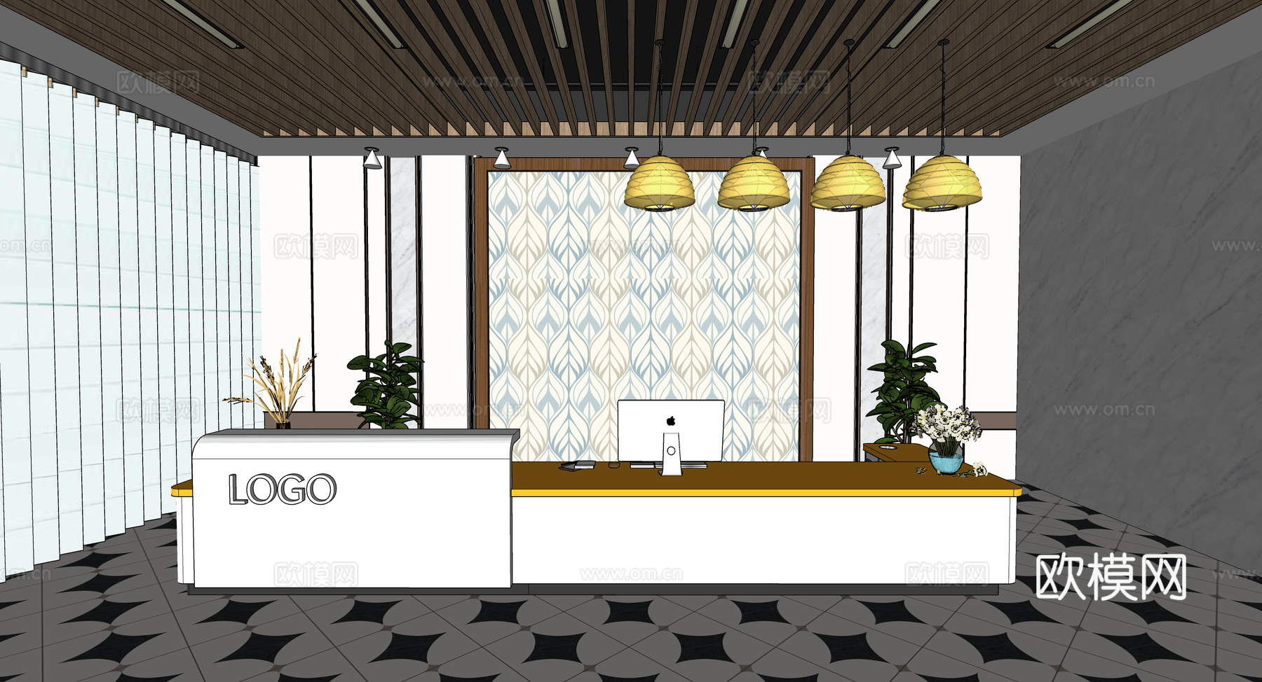 0033现代简约办公室前台接待台su模型