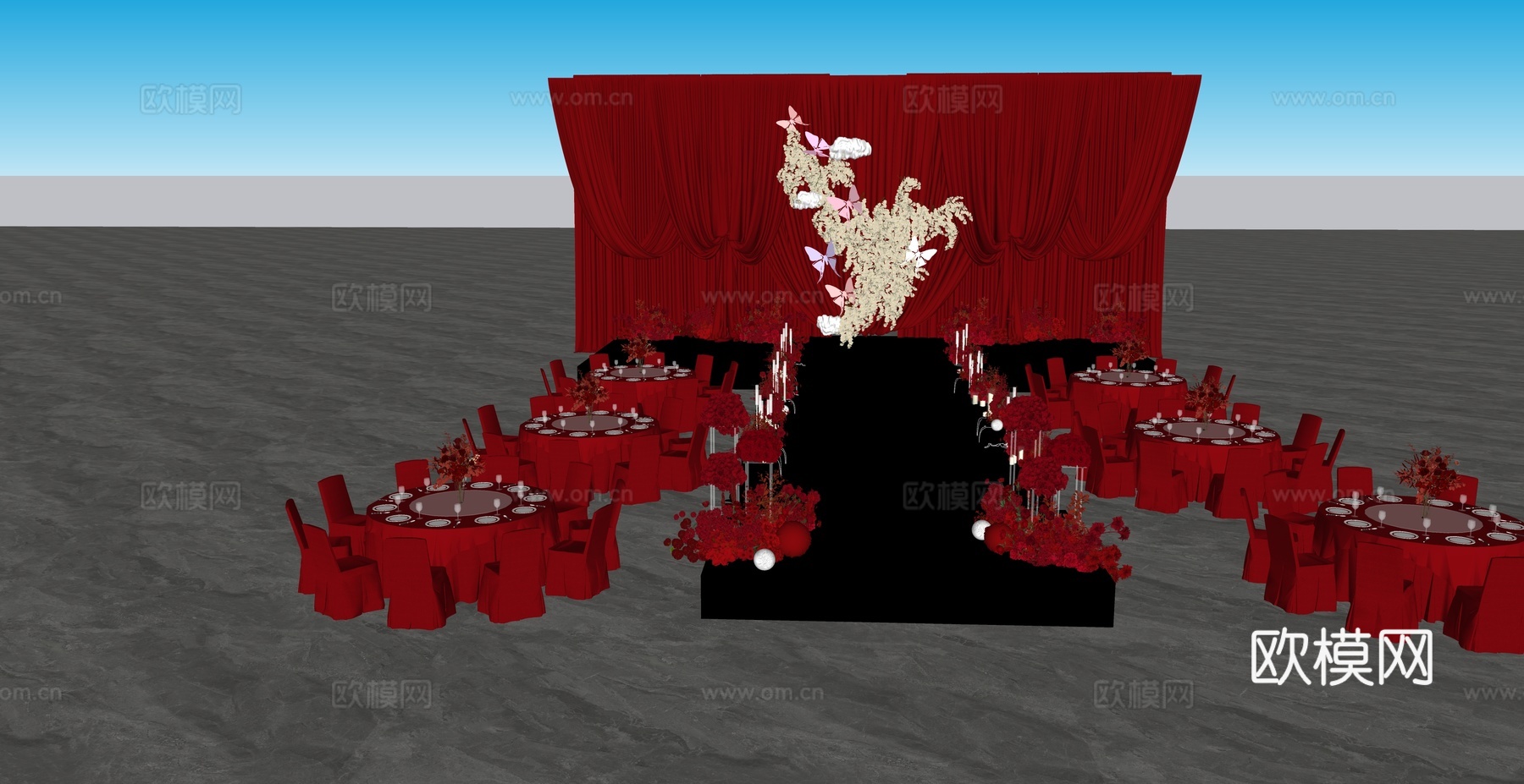 红色布幔秀场风婚礼美陈su模型