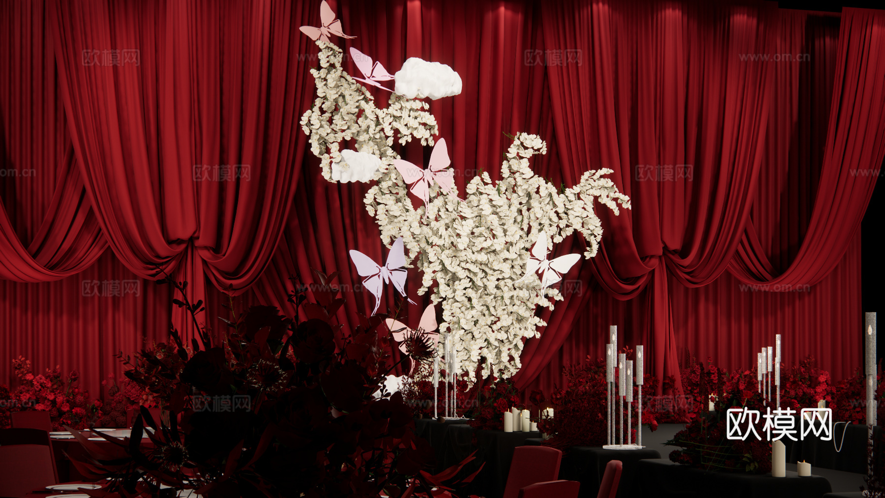 红色布幔秀场风婚礼美陈su模型