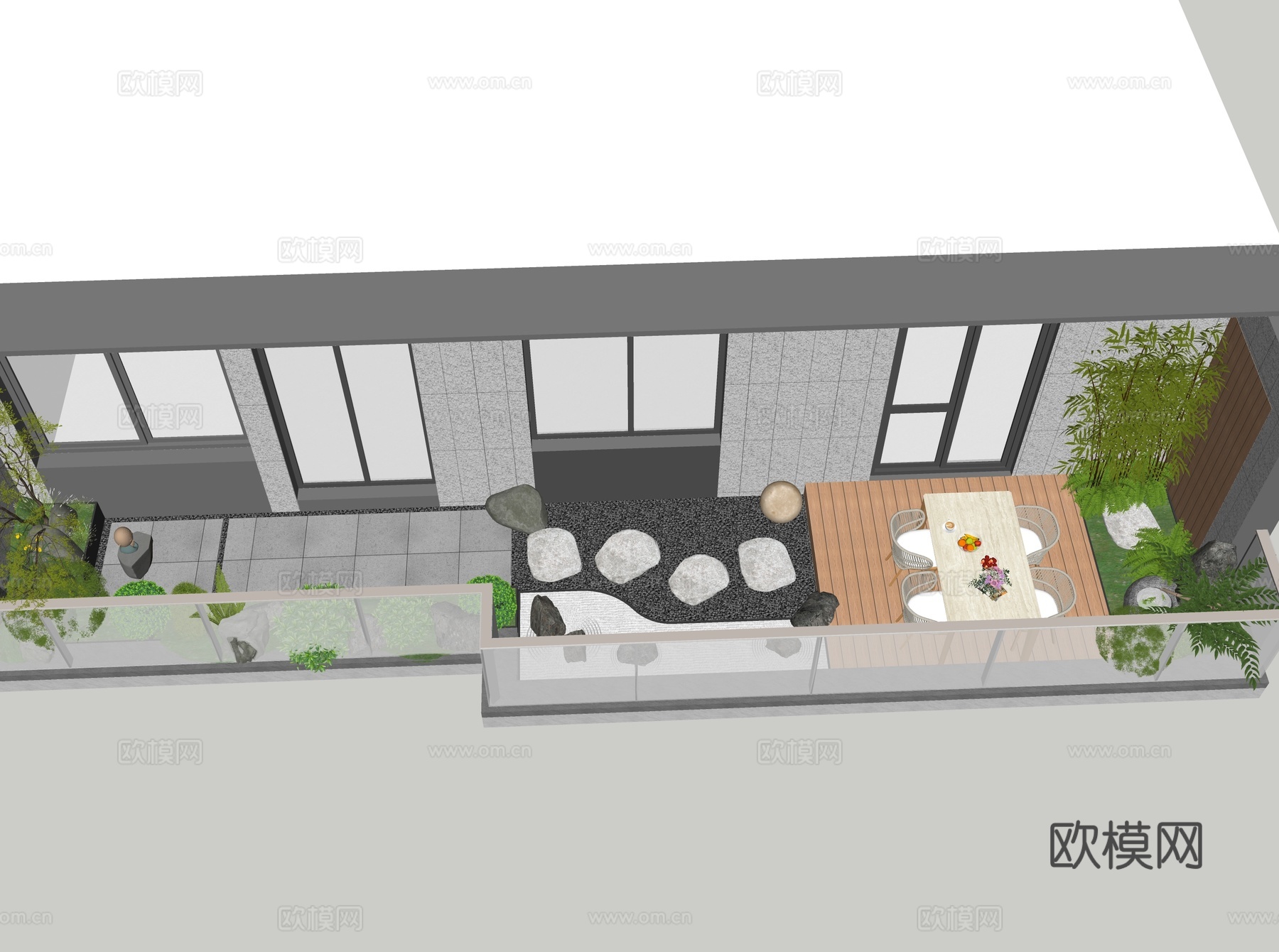现代景观阳台 露台 屋顶花园 禅意日式景观 砾石汀步 餐桌椅su模型
