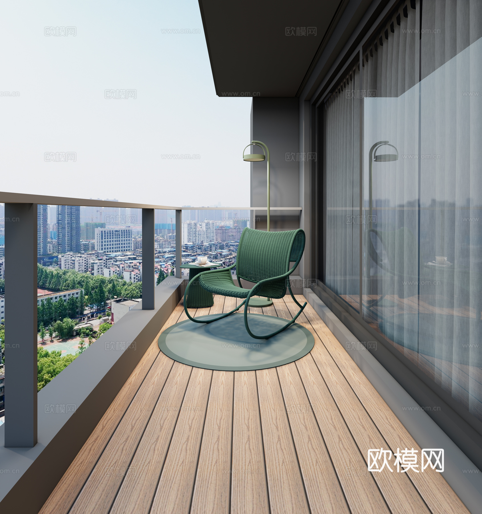 现代居家阳台 单人摇椅 花池绿植 汀步砾石su模型