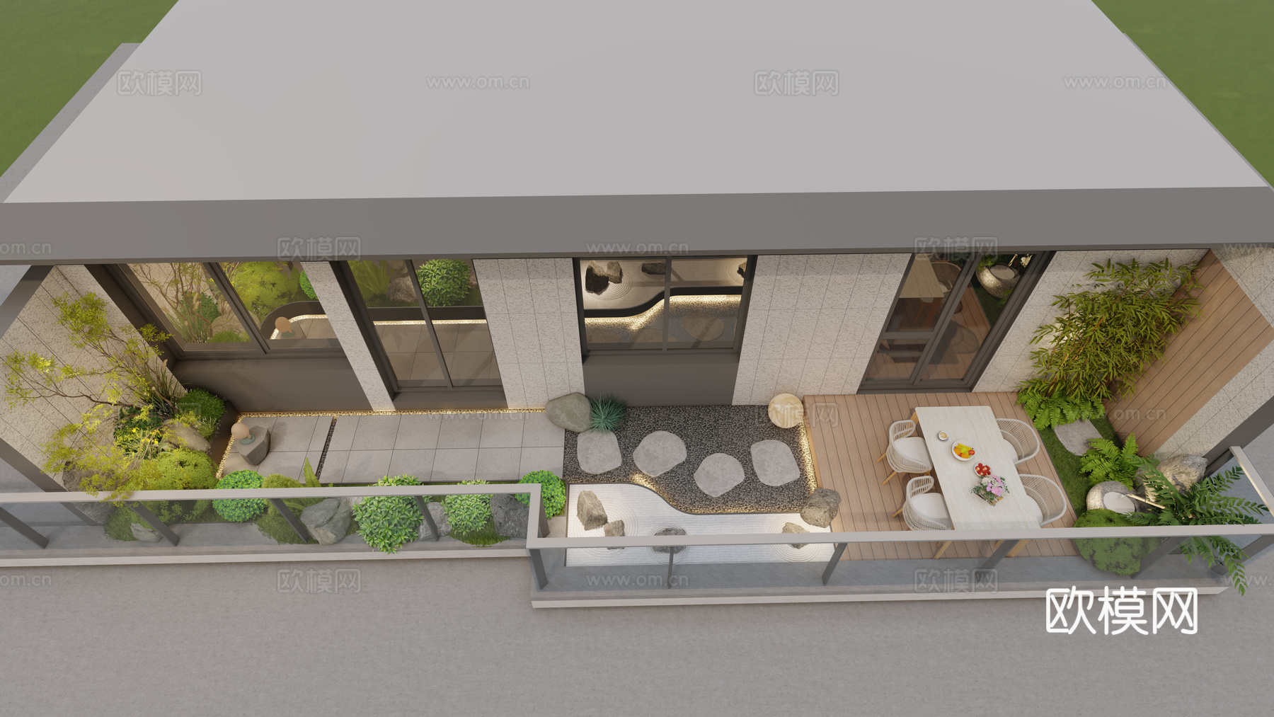 现代景观阳台 露台 屋顶花园 禅意日式景观 砾石汀步 餐桌椅su模型