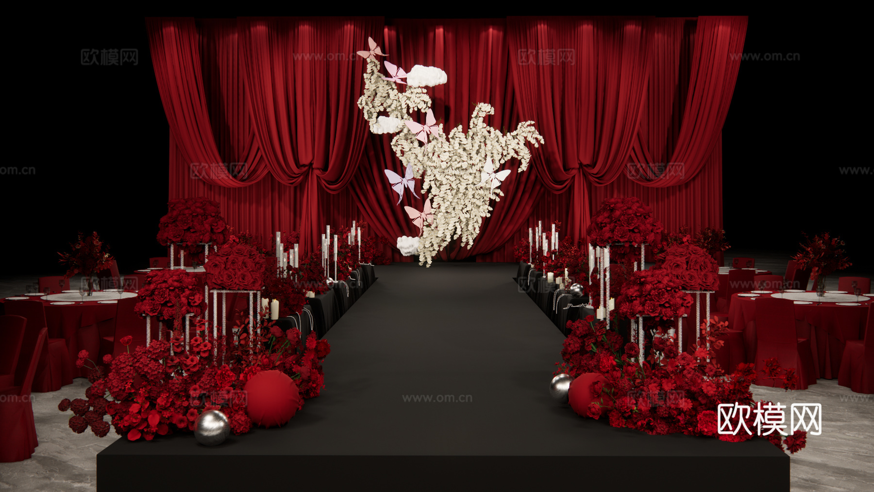红色布幔秀场风婚礼美陈su模型