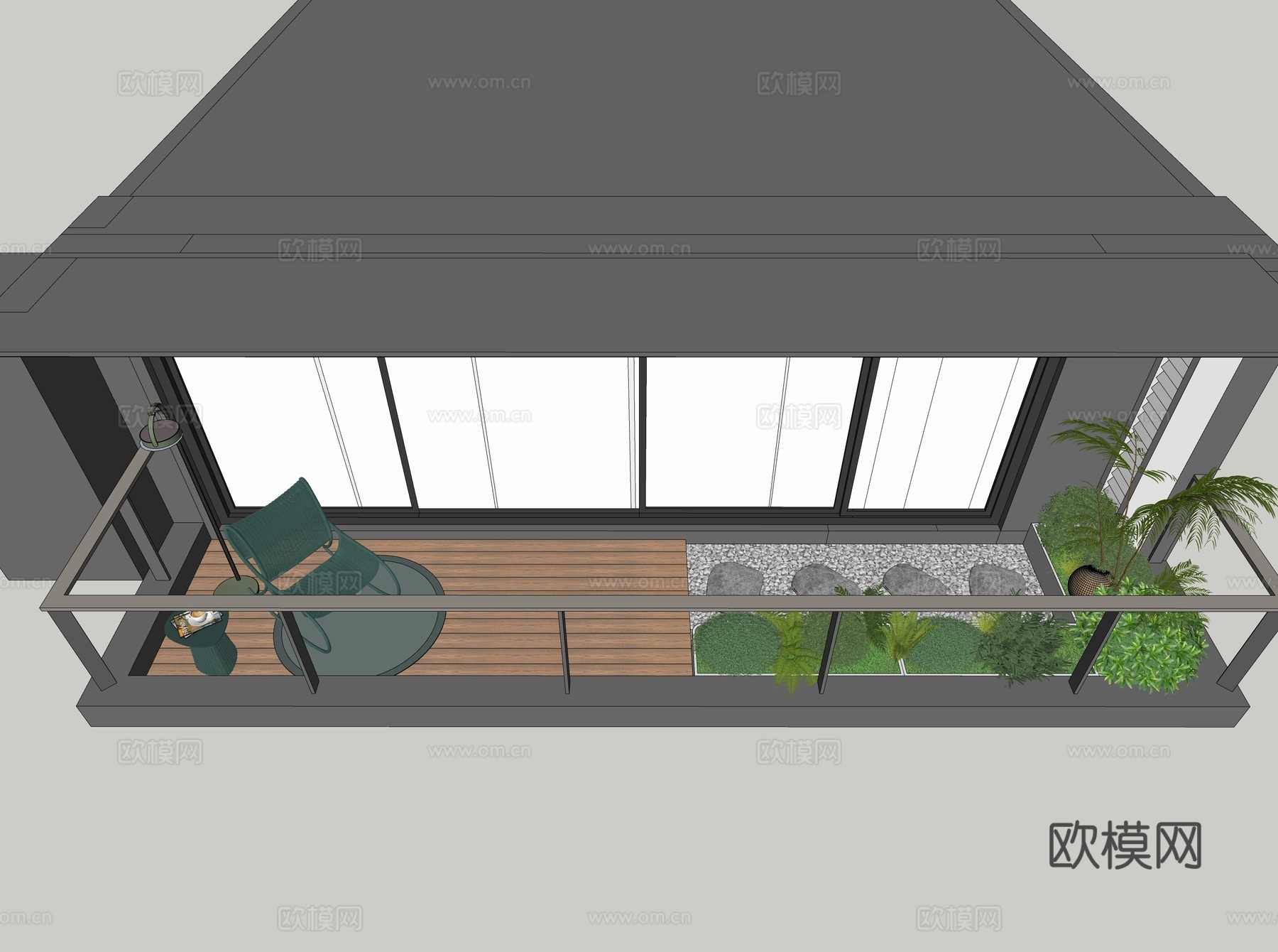 现代居家阳台 单人摇椅 花池绿植 汀步砾石su模型