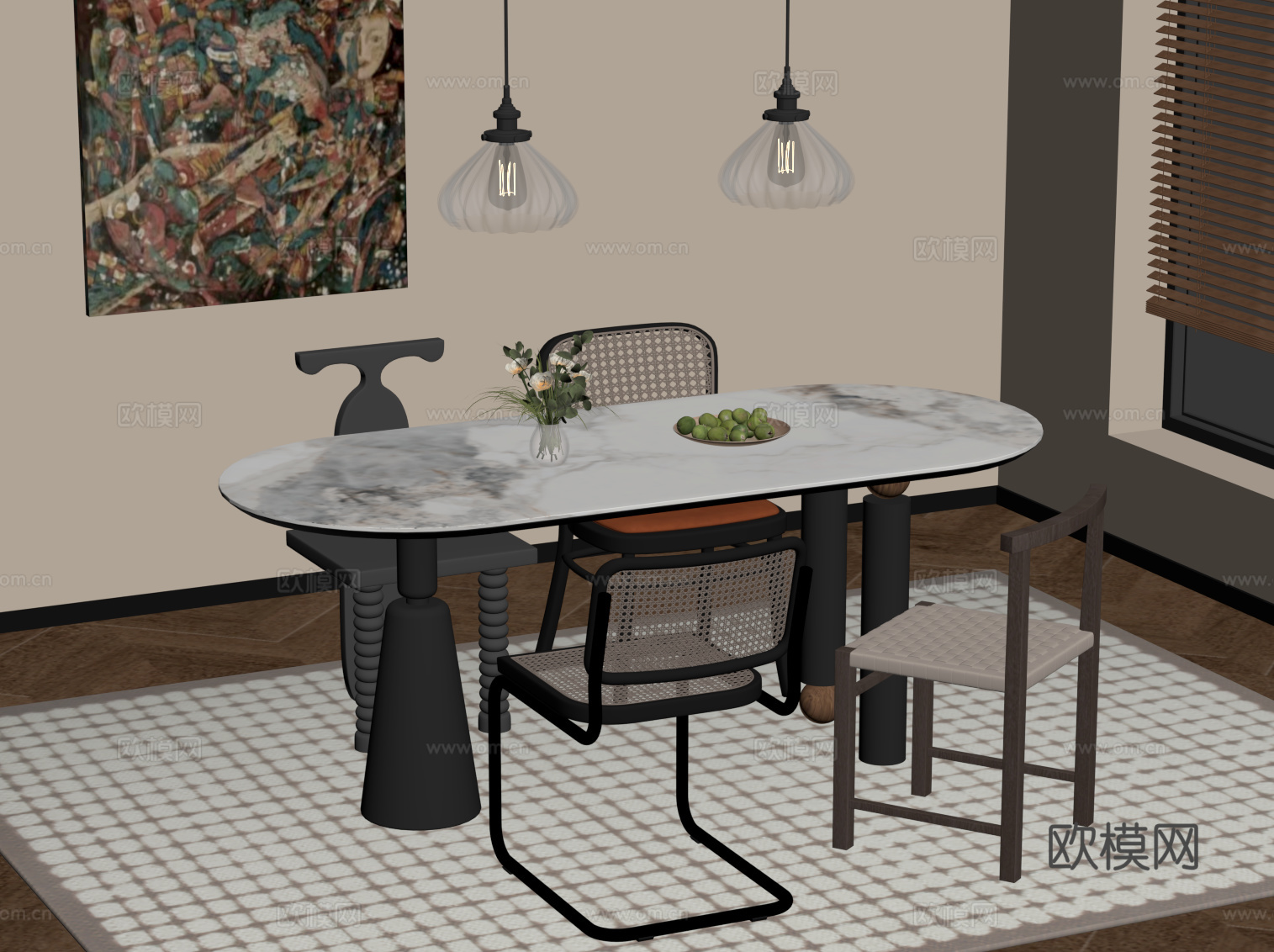 法式复古风餐桌椅 吊灯su模型
