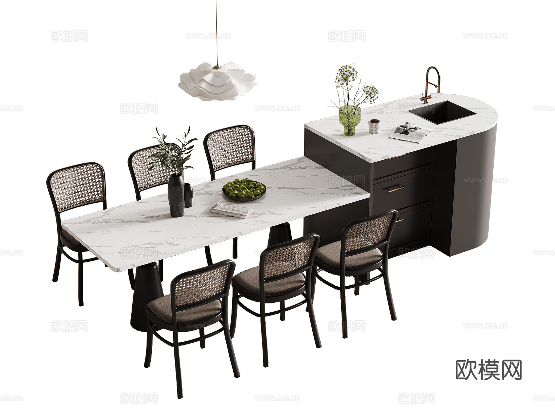 法式复古风岛台 餐桌椅su模型
