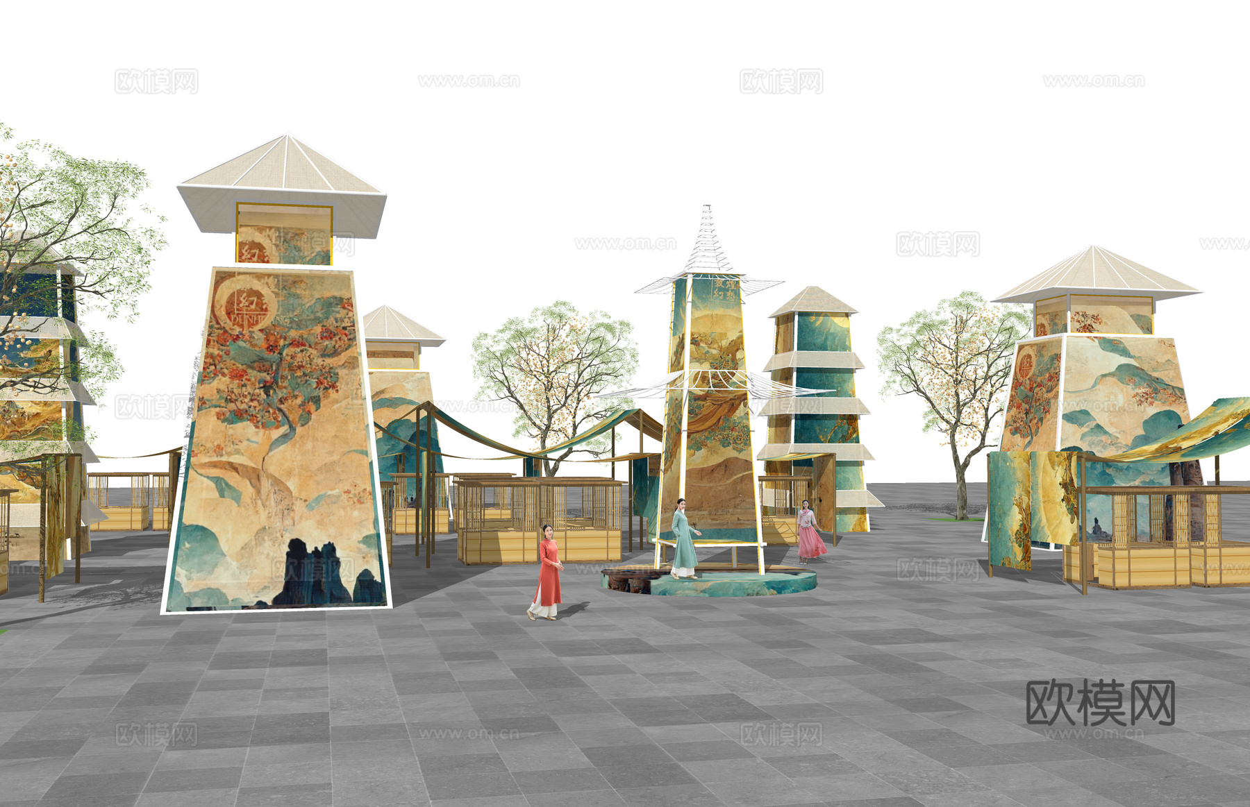 长廊 中式 博物馆 展厅 大唐 壁画 艺术 古风 工装 模型su模型