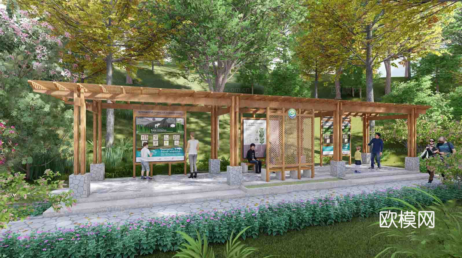 现代廊架 互动科普长廊 文化长廊 宣传长廊 休憩廊架su模型