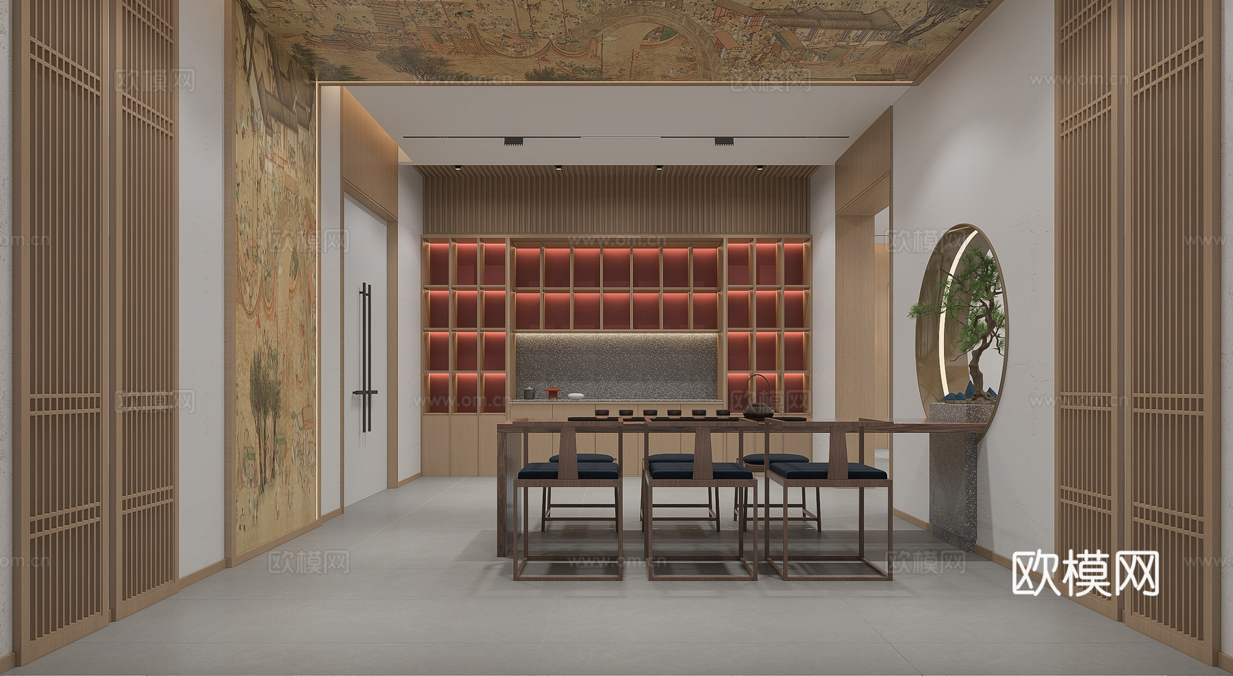 休闲餐饮区茶桌展示柜3d模型下载