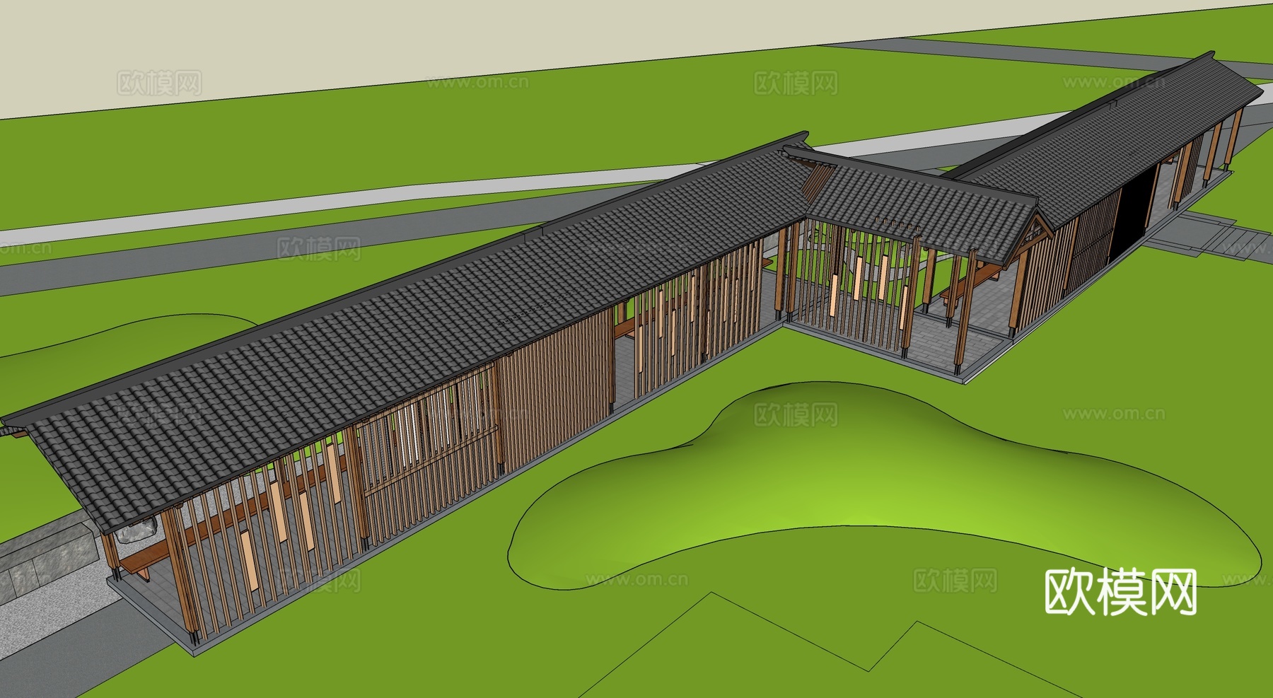 新中式廊架 文化长廊 文化廊架su模型