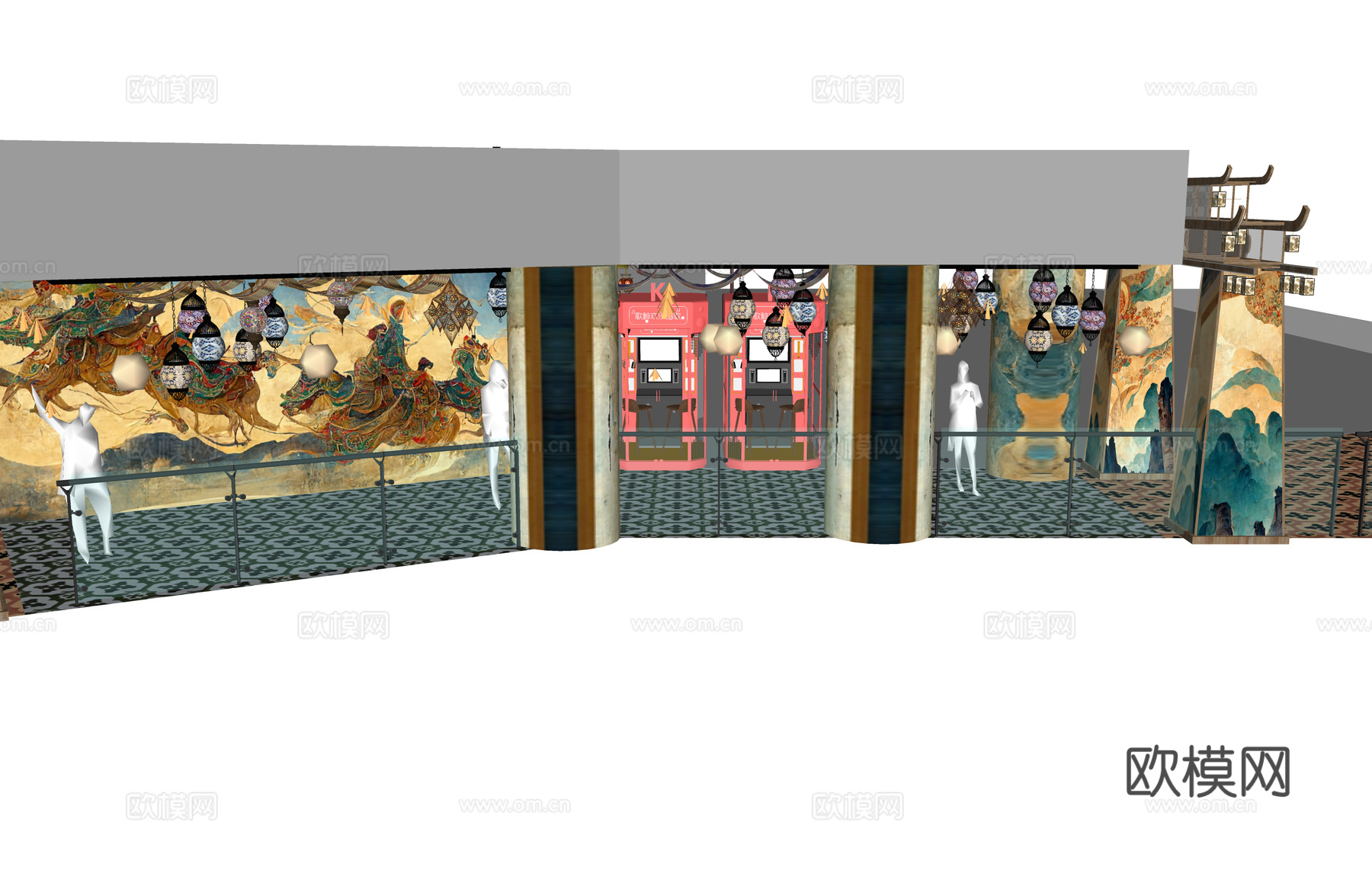 长廊 中式 博物馆 展厅 大唐 壁画 艺术 古风 工装 模型su模型