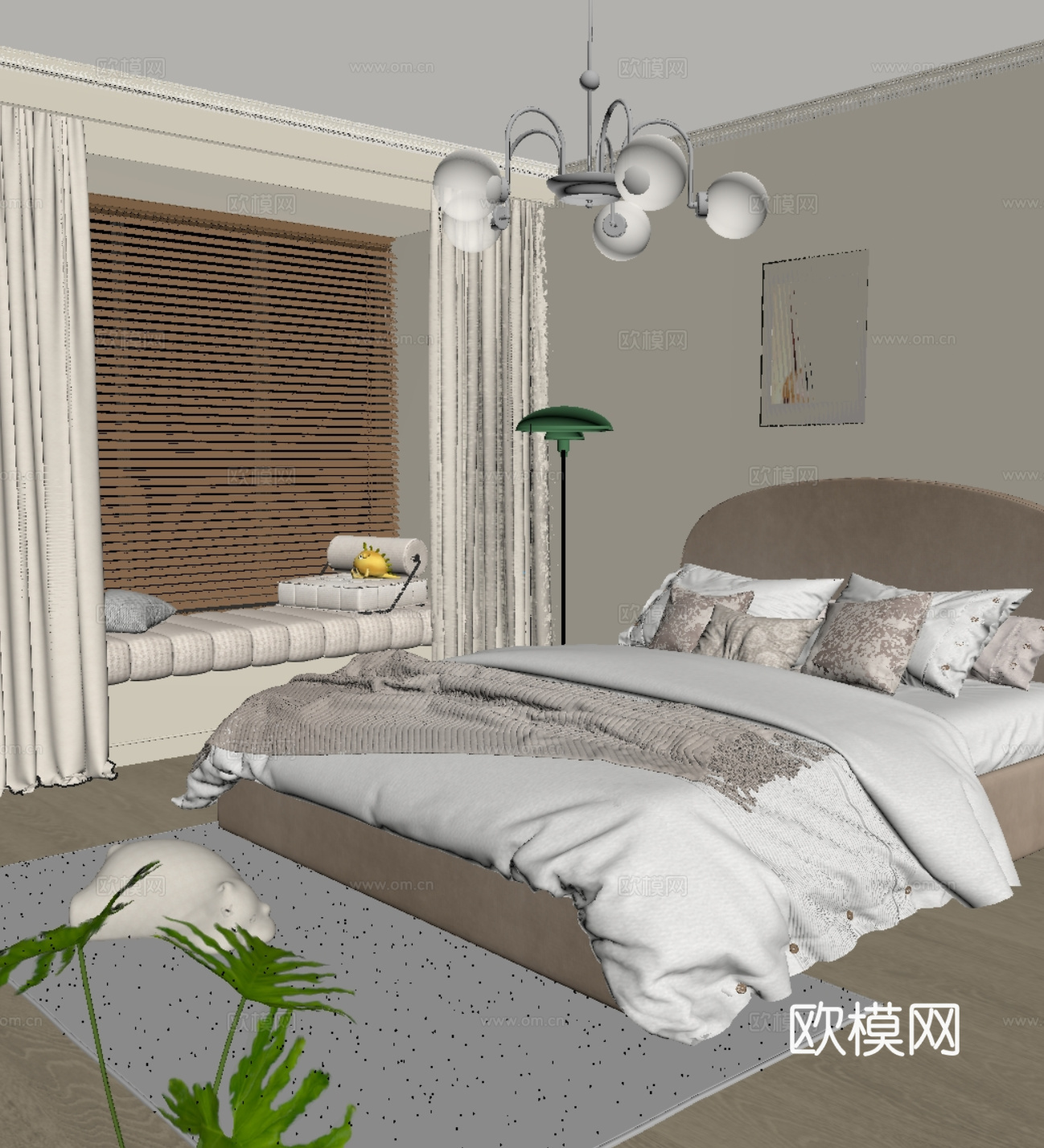 现代奶油风双人床su模型