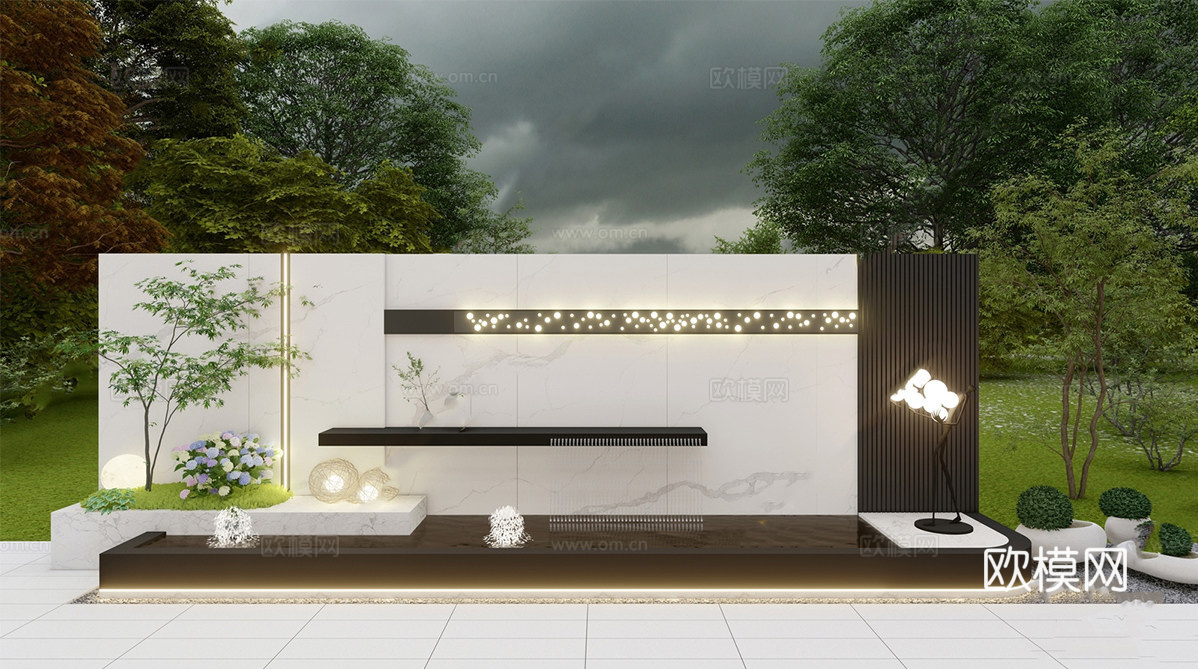 现代风格水景墙 庭院景墙su模型