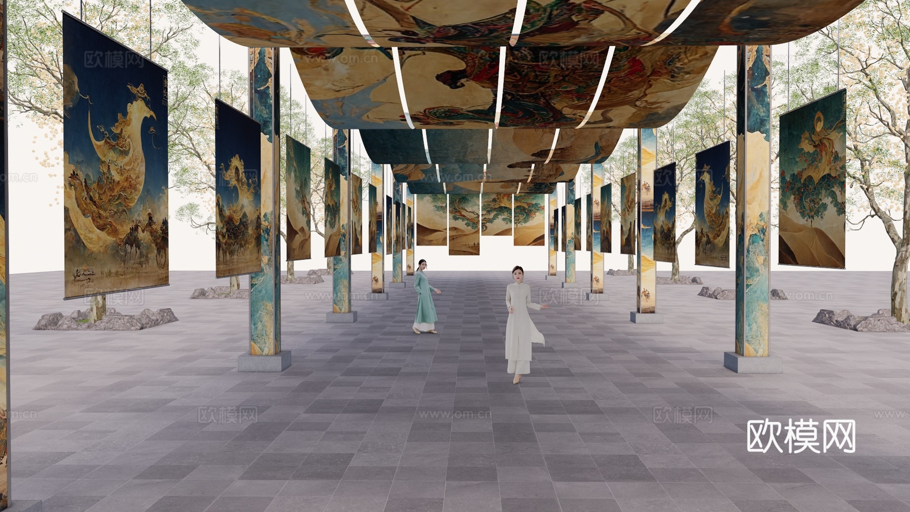 长廊 中式 博物馆 展厅 大唐 壁画 艺术 古风 工装 模型su模型
