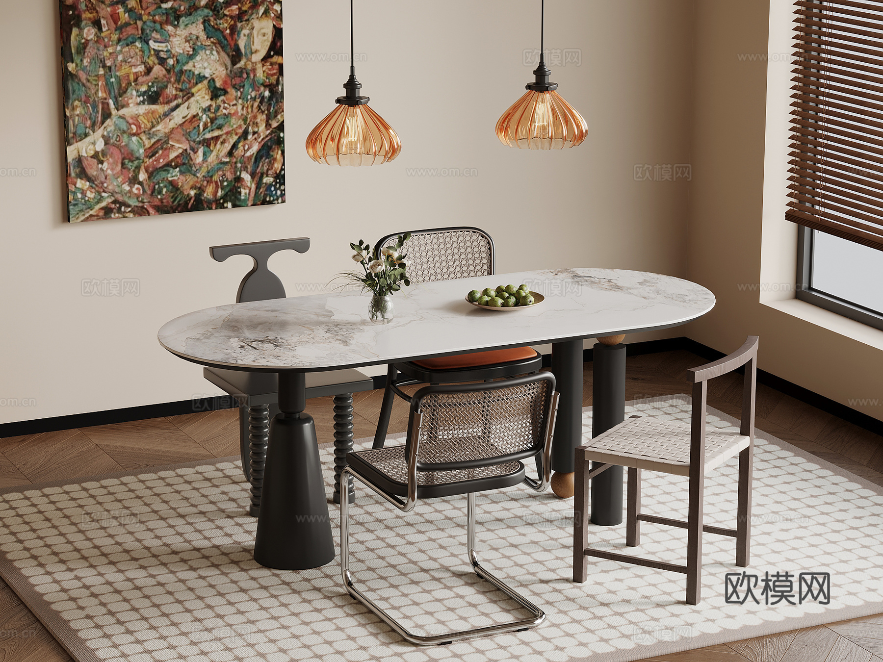 法式复古风餐桌椅 吊灯su模型