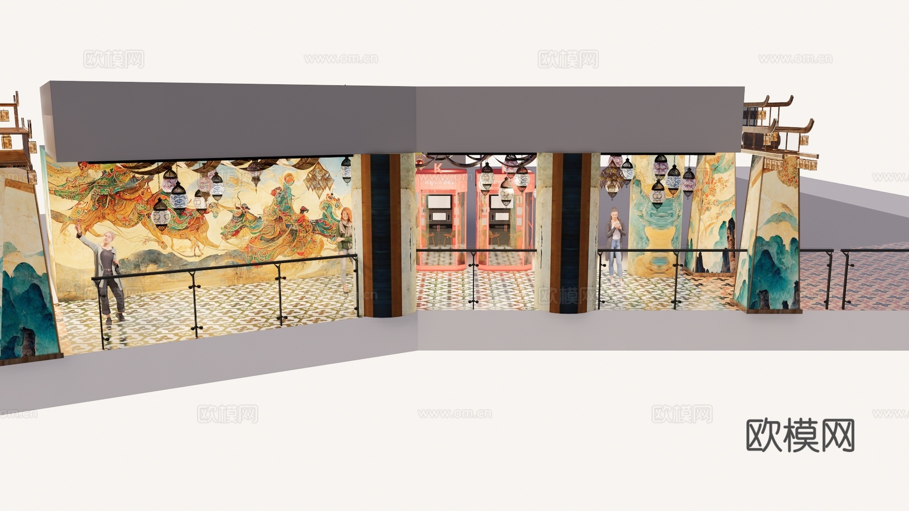 长廊 中式 博物馆 展厅 大唐 壁画 艺术 古风 工装 模型su模型