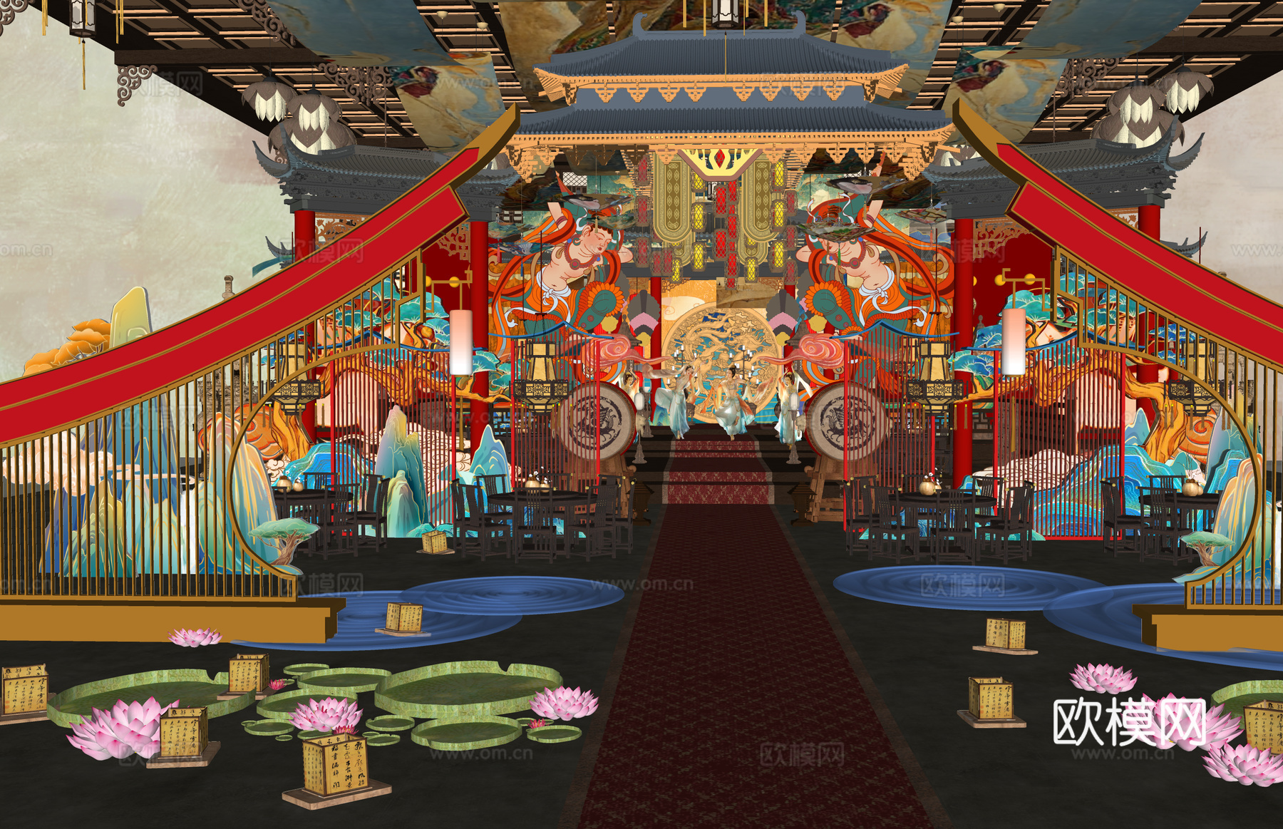 长廊 中式 博物馆 展厅 大唐 壁画 艺术 古风 工装 模型su模型