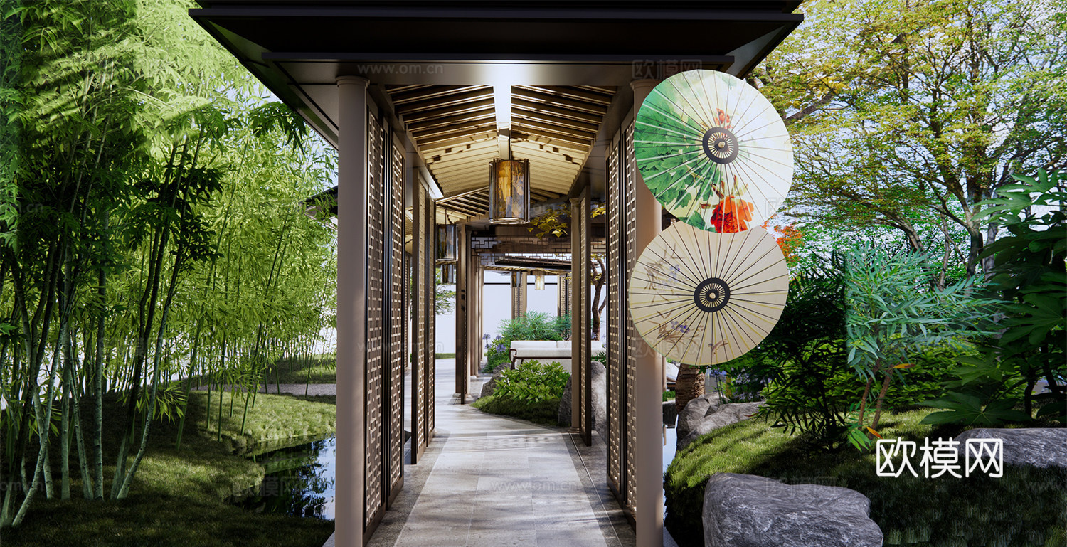 中式仿古长廊 廊架 连廊 回廊su模型