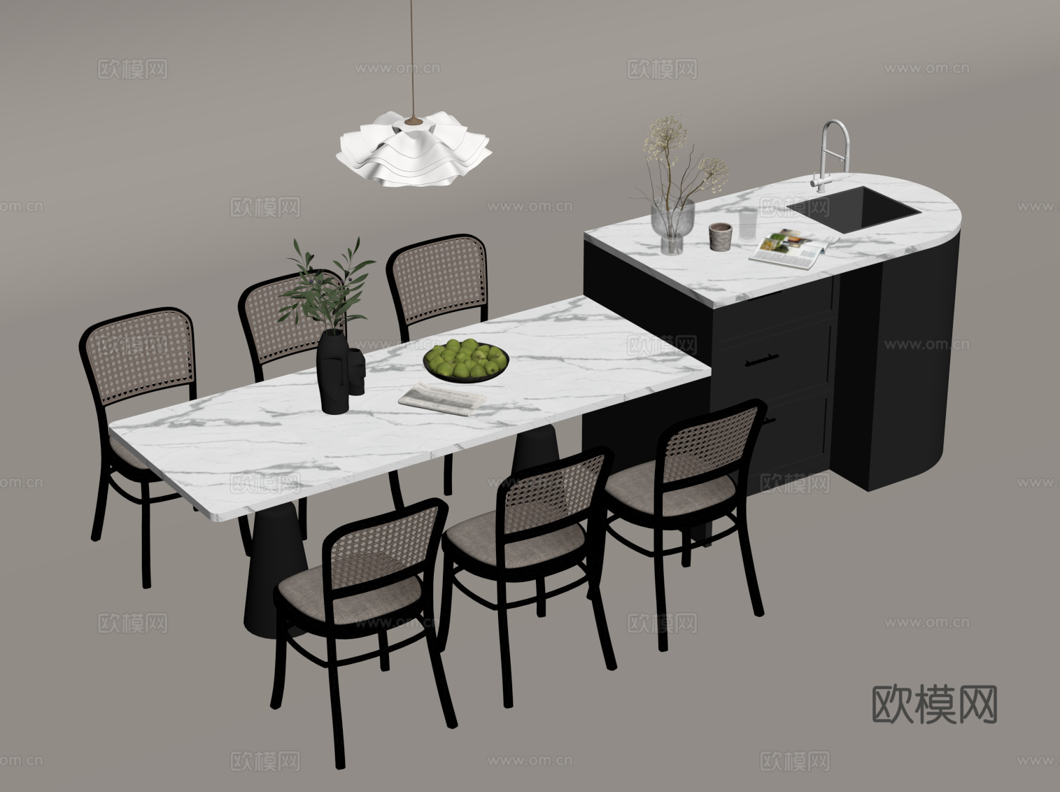 法式复古风岛台 餐桌椅su模型