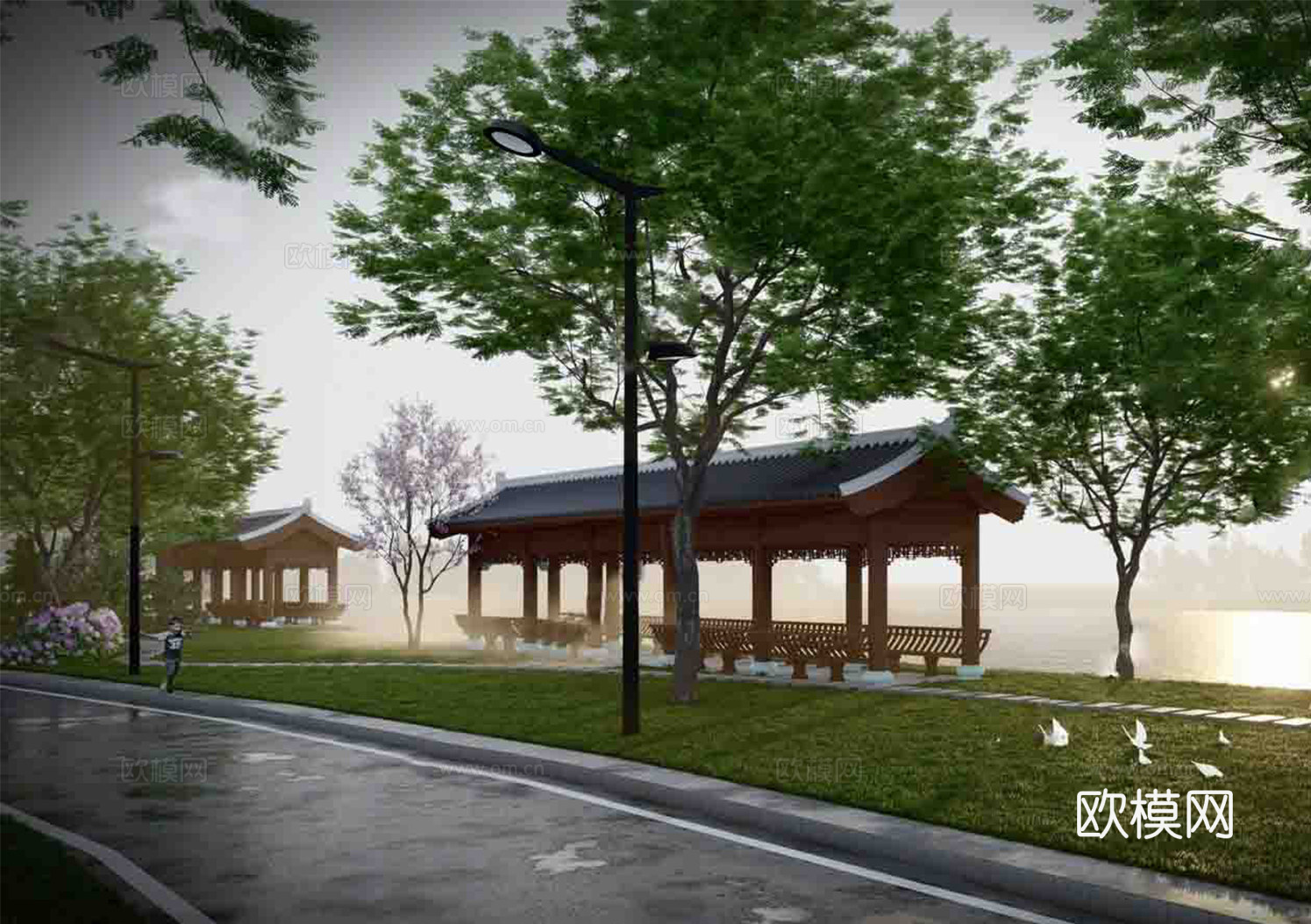 新中式亭廊 木材 长条形su模型