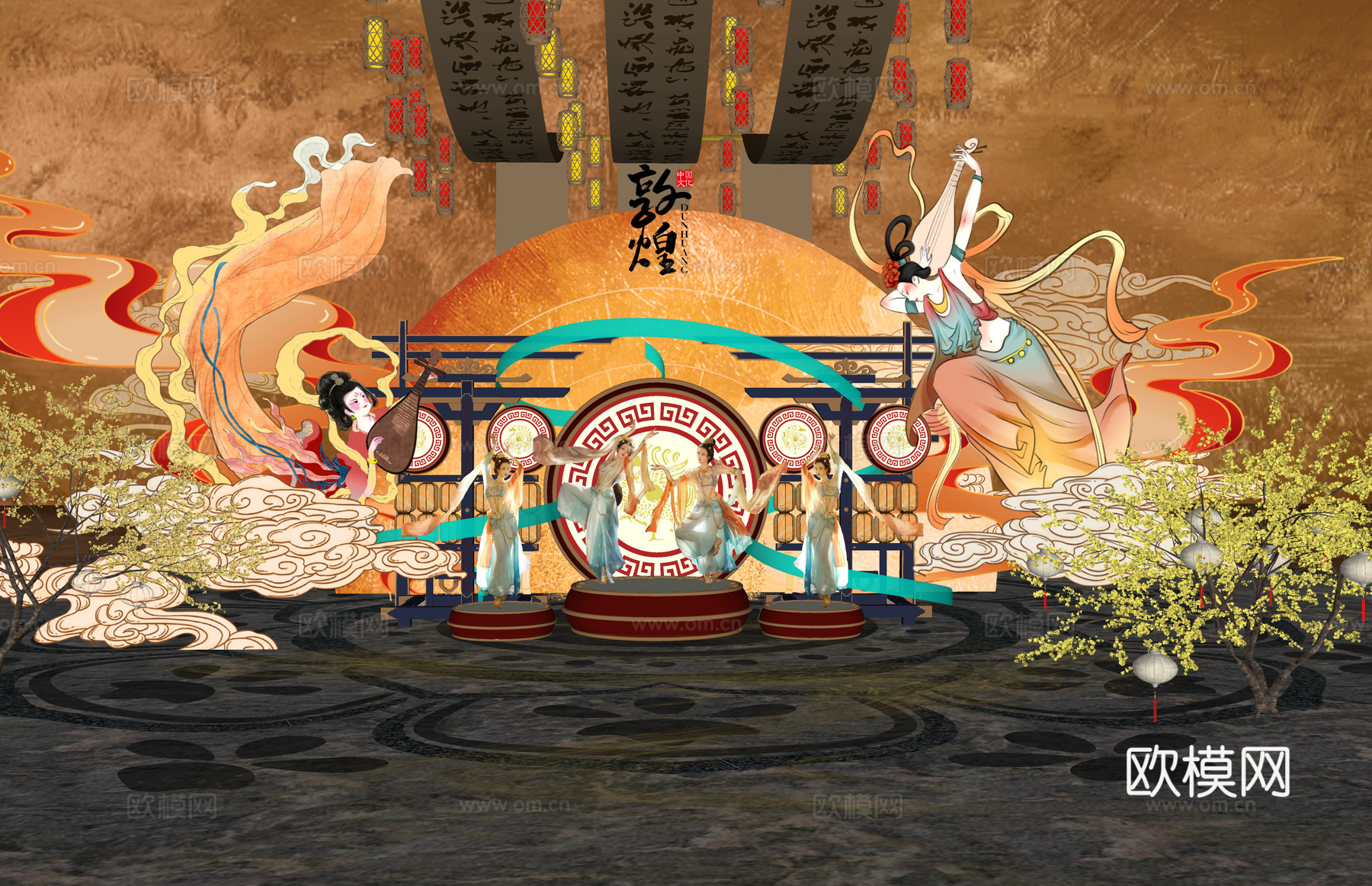 长廊 中式 博物馆 展厅 大唐 壁画 艺术 古风 工装 模型su模型