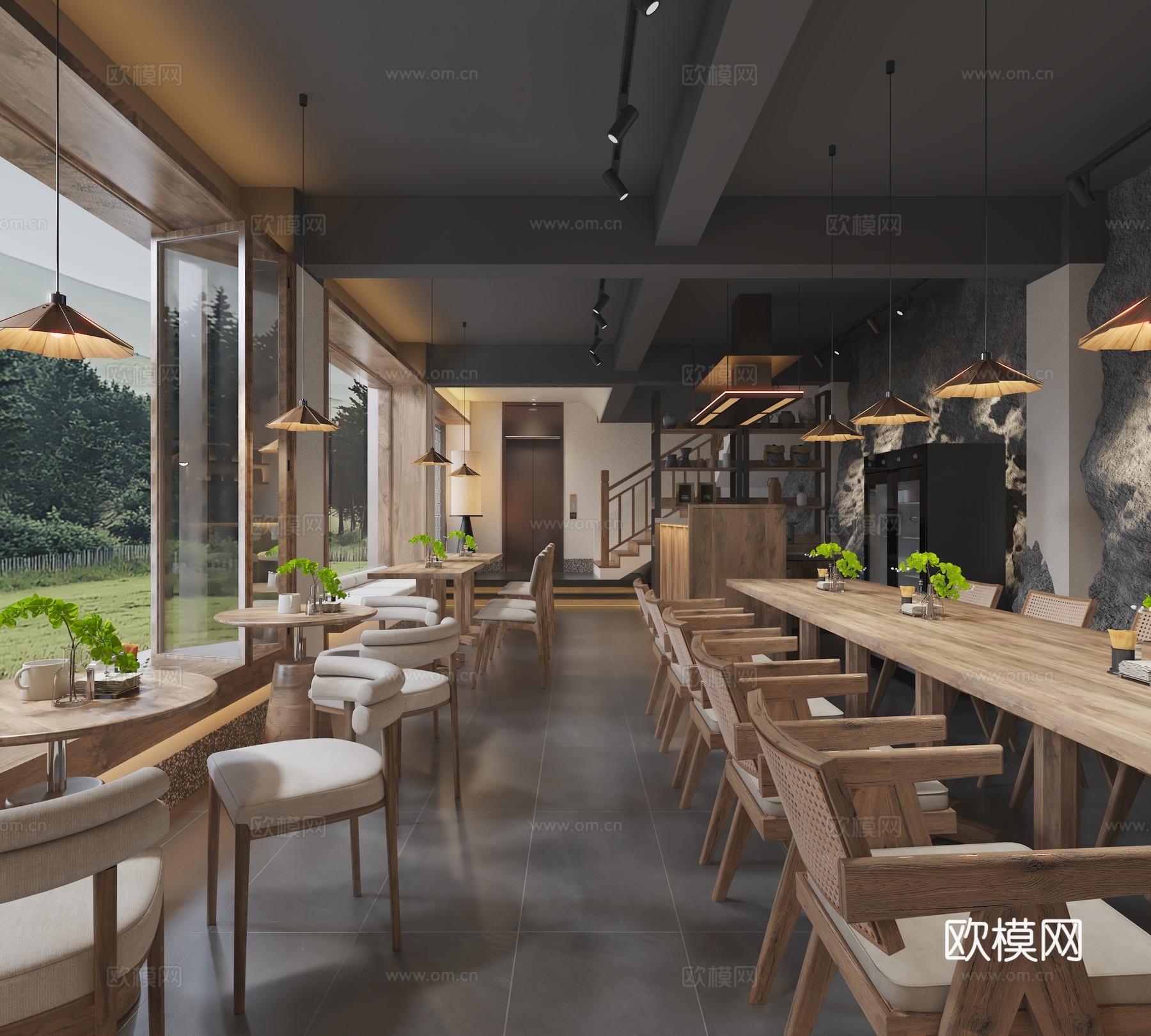 侘寂风民宿餐厅 民宿酒店大堂3d模型下载（渲染图2）