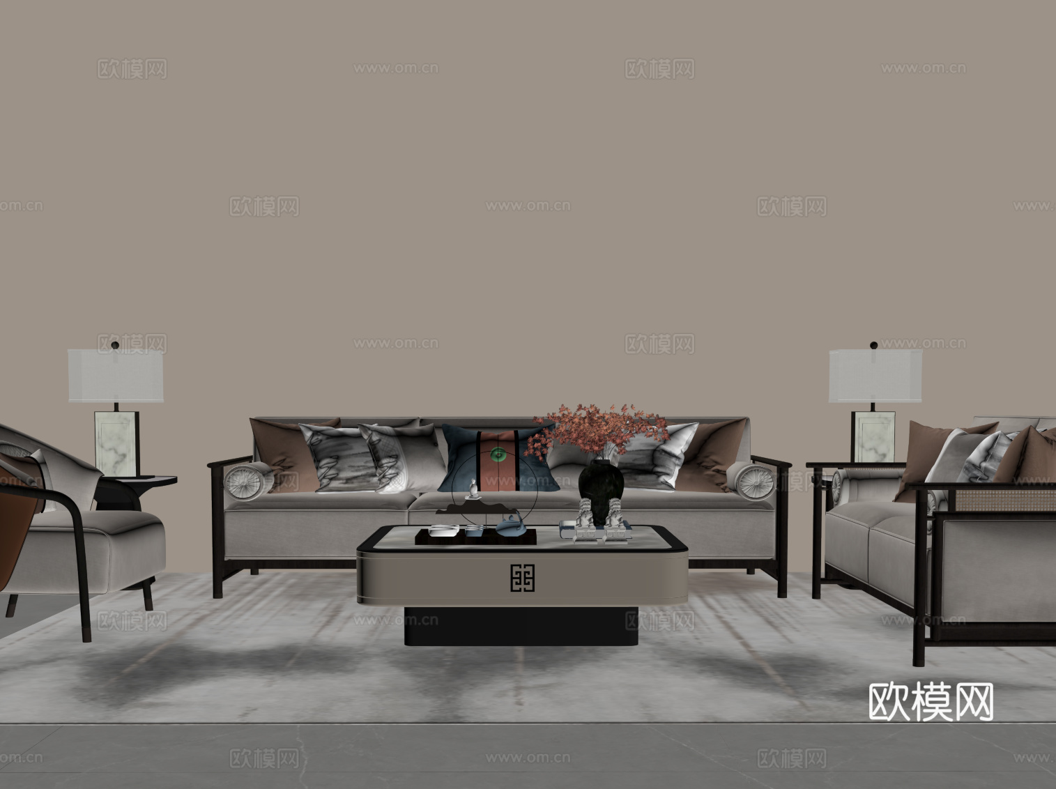 新中式沙发茶几组合su模型