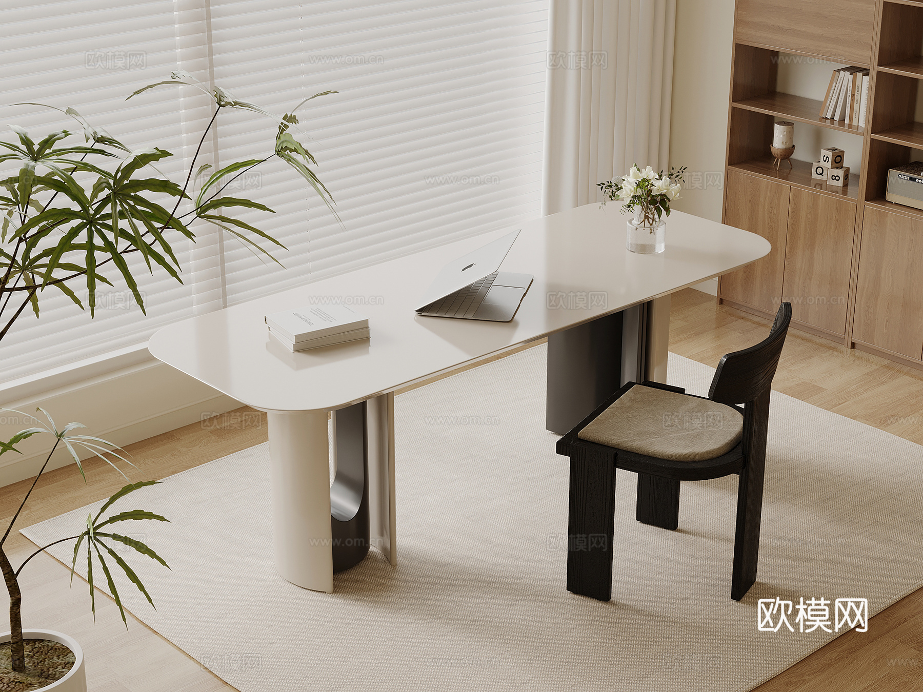 现代奶油风书桌椅 办公桌椅su模型