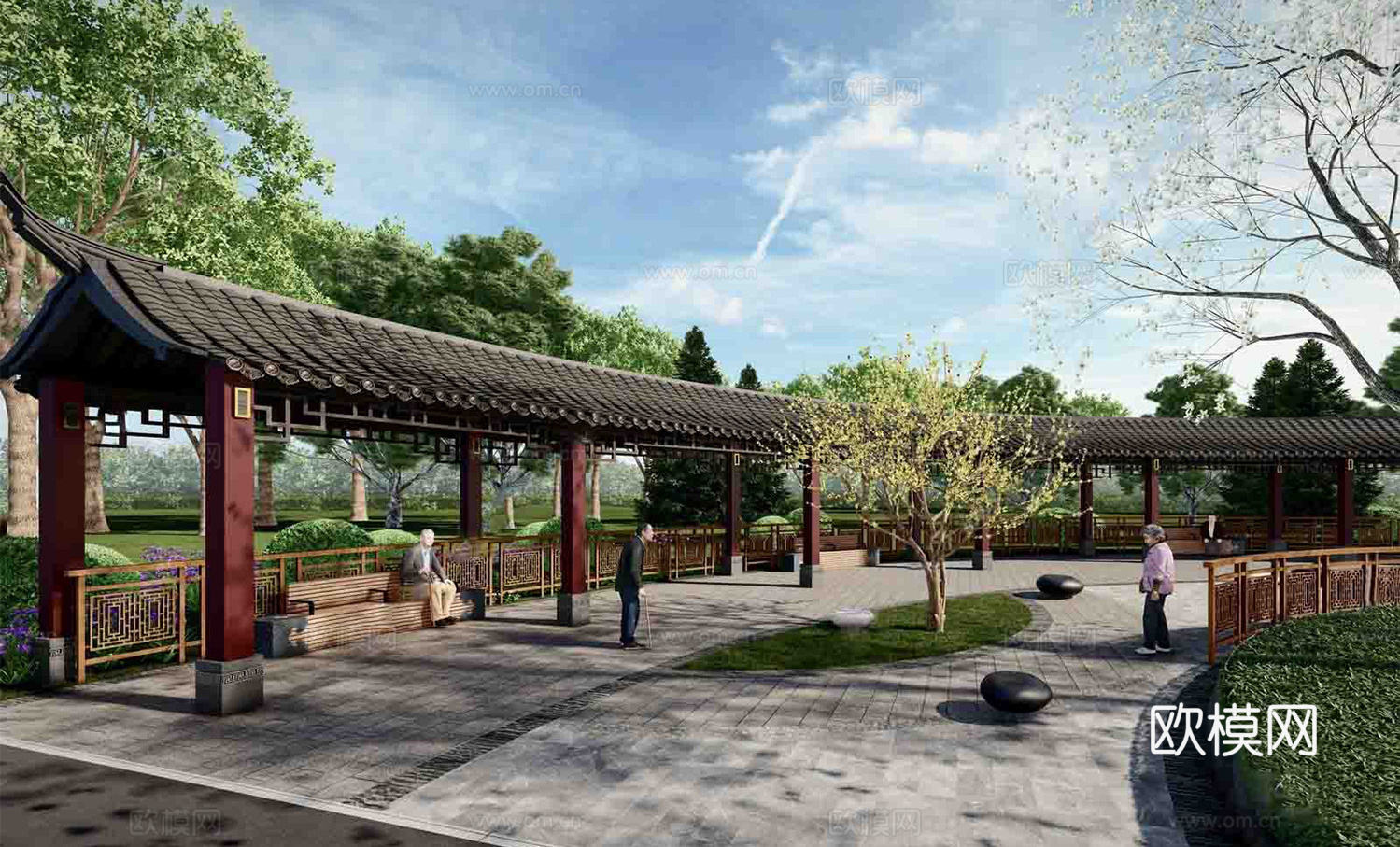 新中式廊架  廊架景观su模型