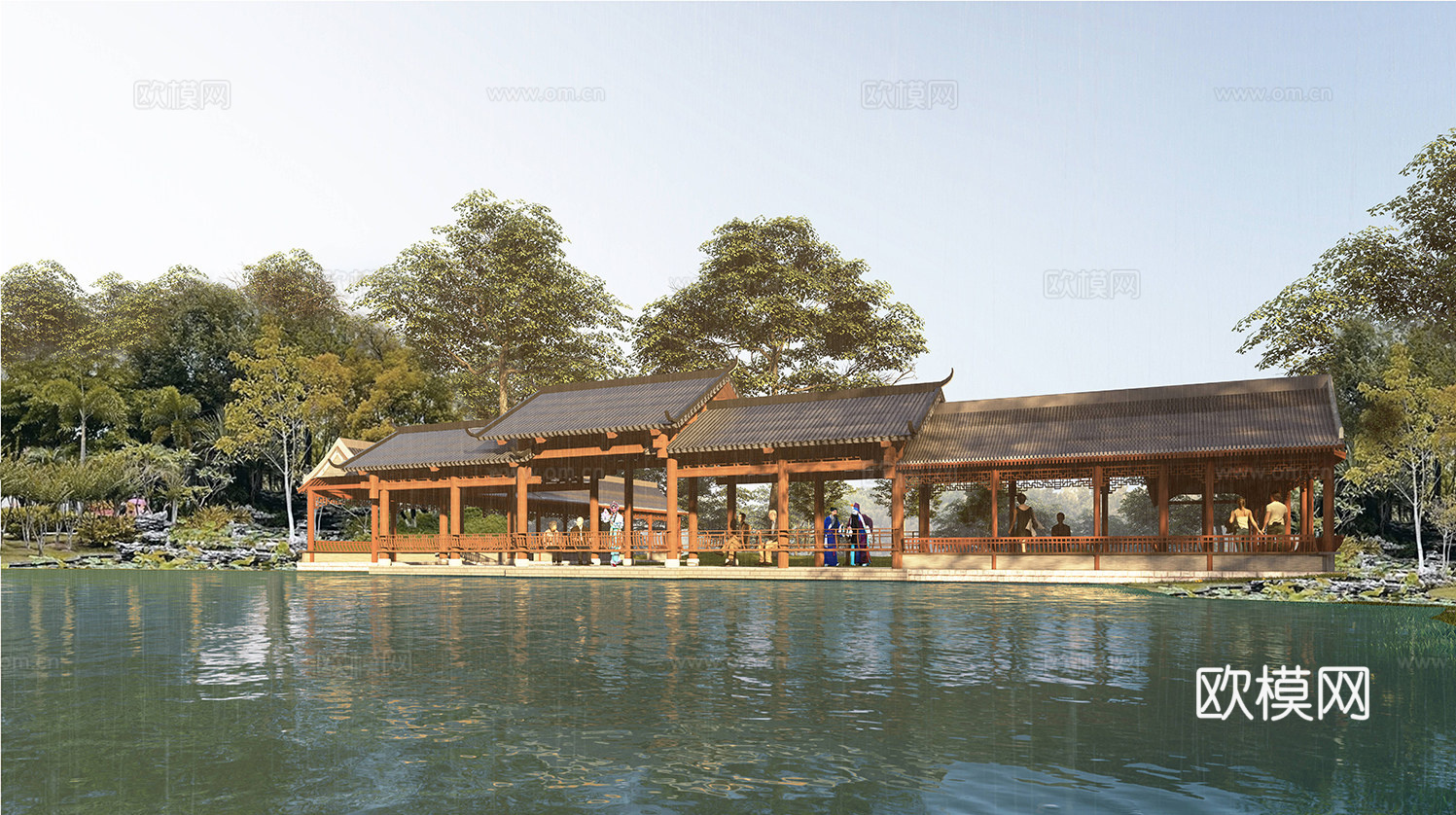 中式廊架 水榭 戏台 长廊su模型