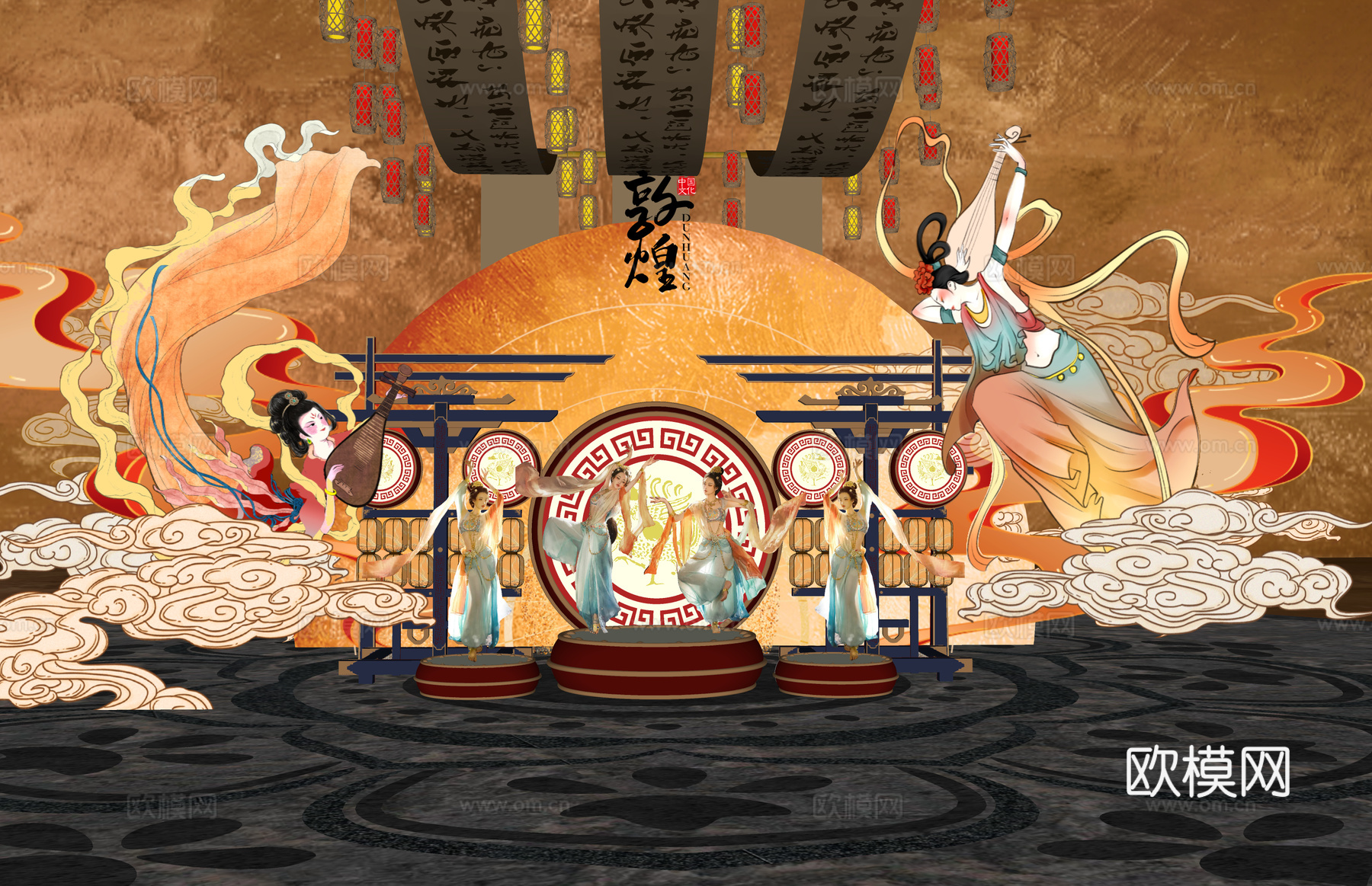 长廊 中式 博物馆 展厅 大唐 壁画 艺术 古风 工装 模型su模型