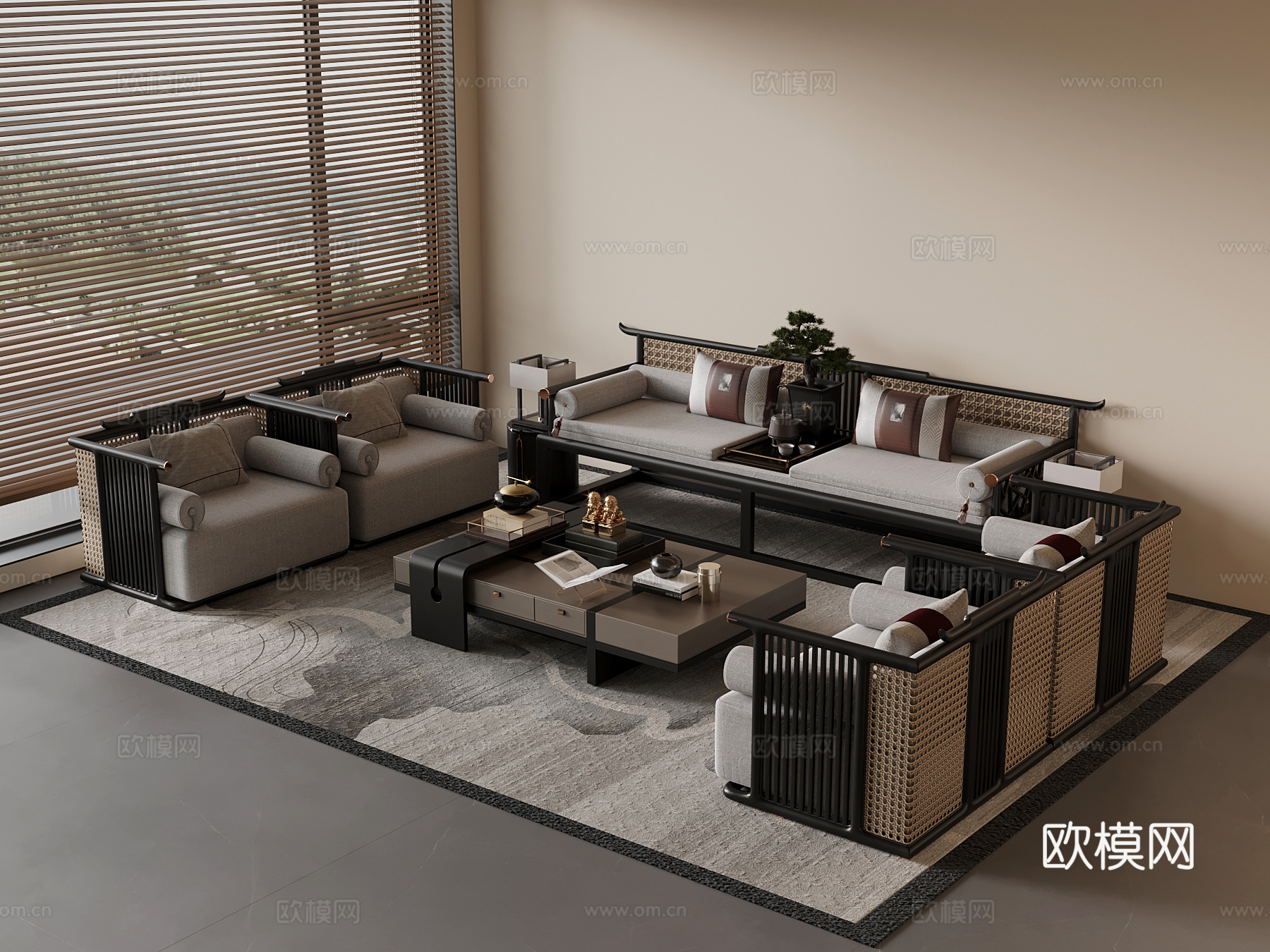 新中式沙发茶几组合su模型