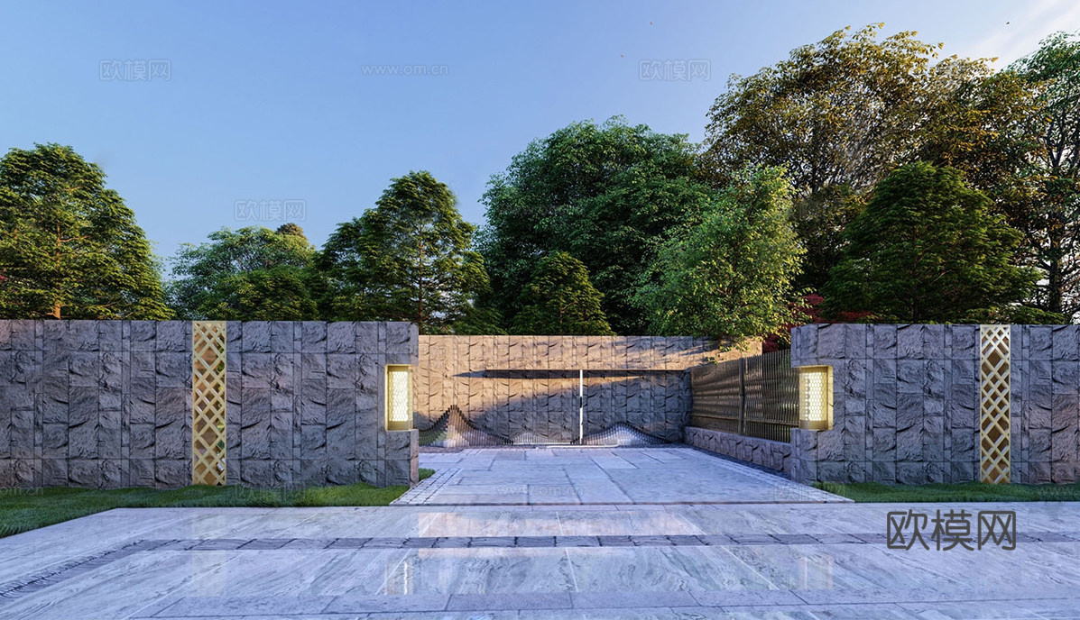新中式景墙 入口景区 庭院景墙su模型