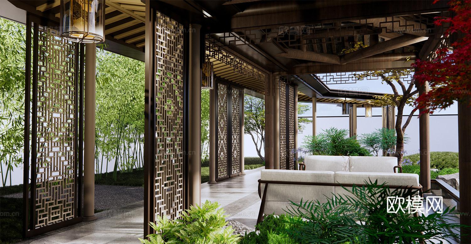 中式仿古长廊 廊架 连廊 回廊su模型