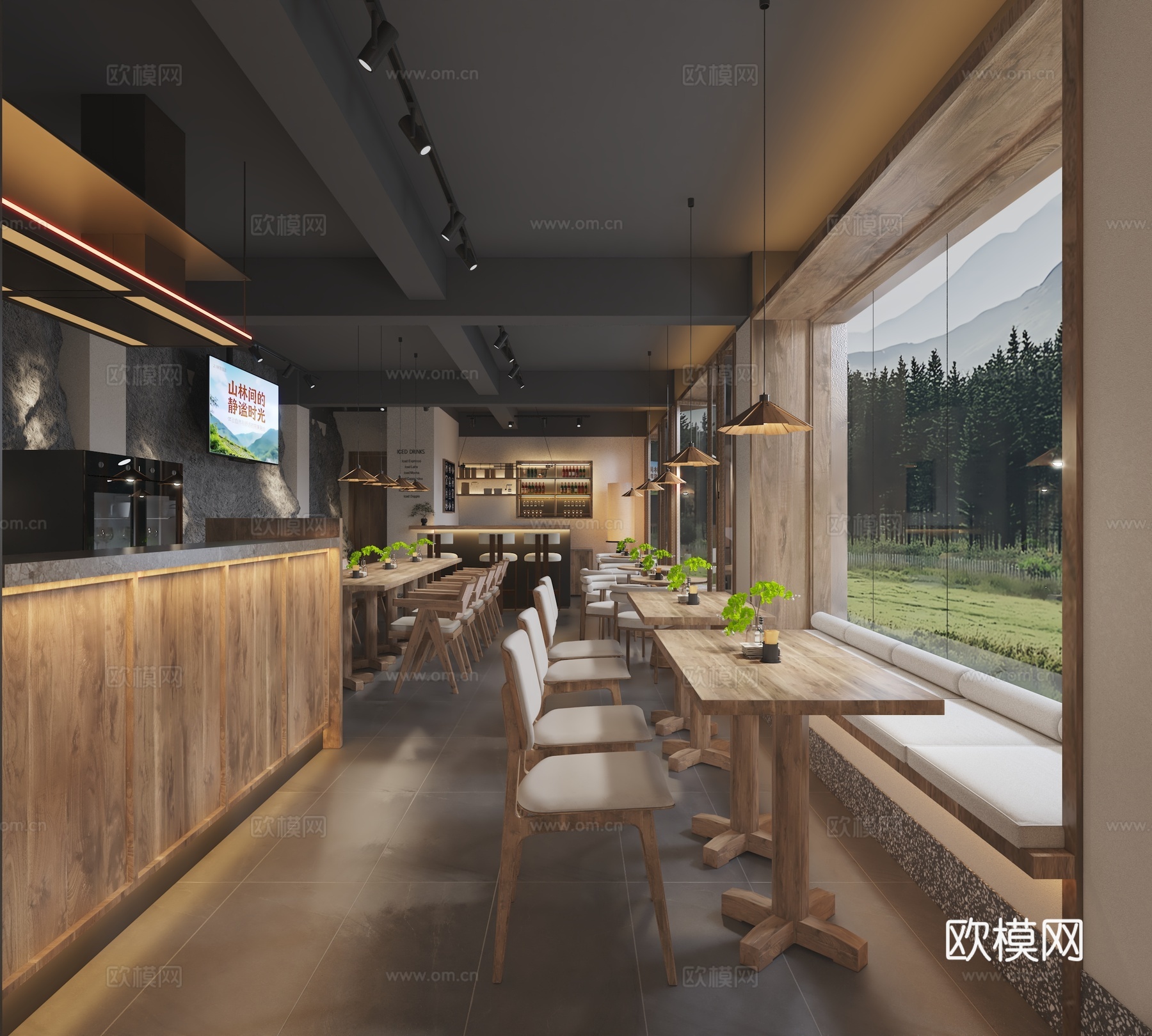 侘寂风民宿餐厅 民宿酒店大堂3d模型下载（渲染图1）