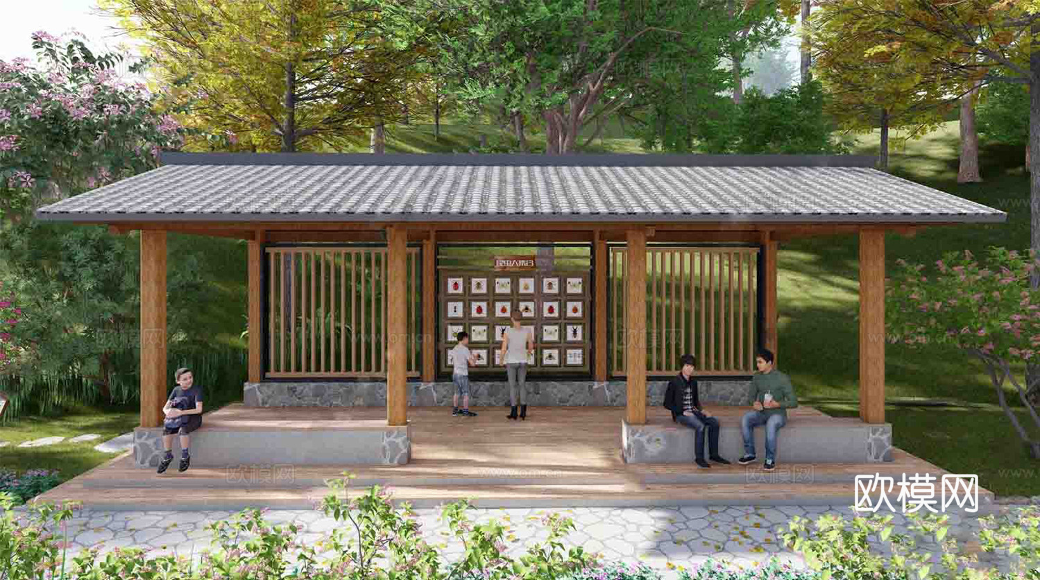 中式廊架 科普长廊 文化长廊su模型