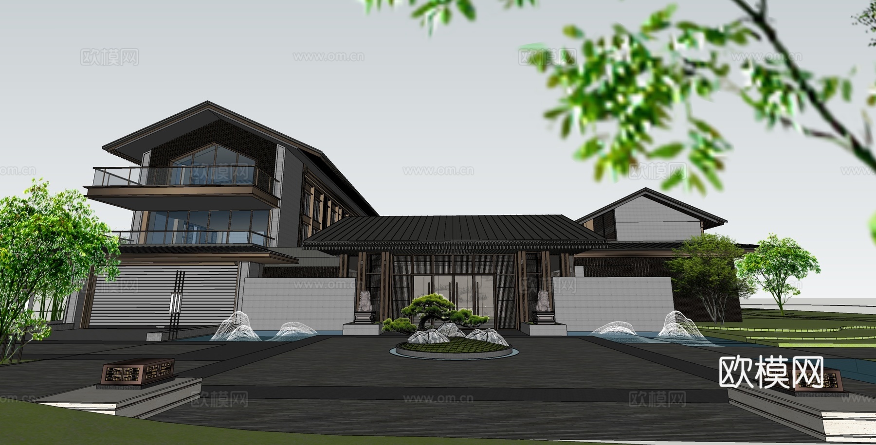 新中式民宿酒店 茶室餐厅 斜顶su模型