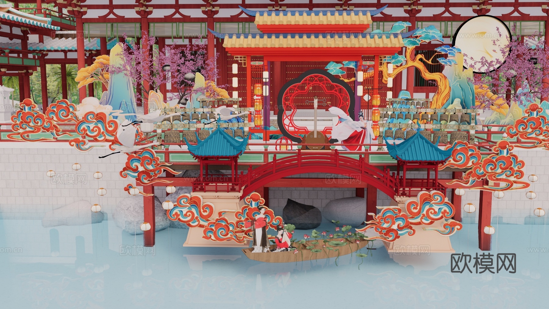 长廊 中式 博物馆 展厅 大唐 壁画 艺术 古风 工装 模型su模型