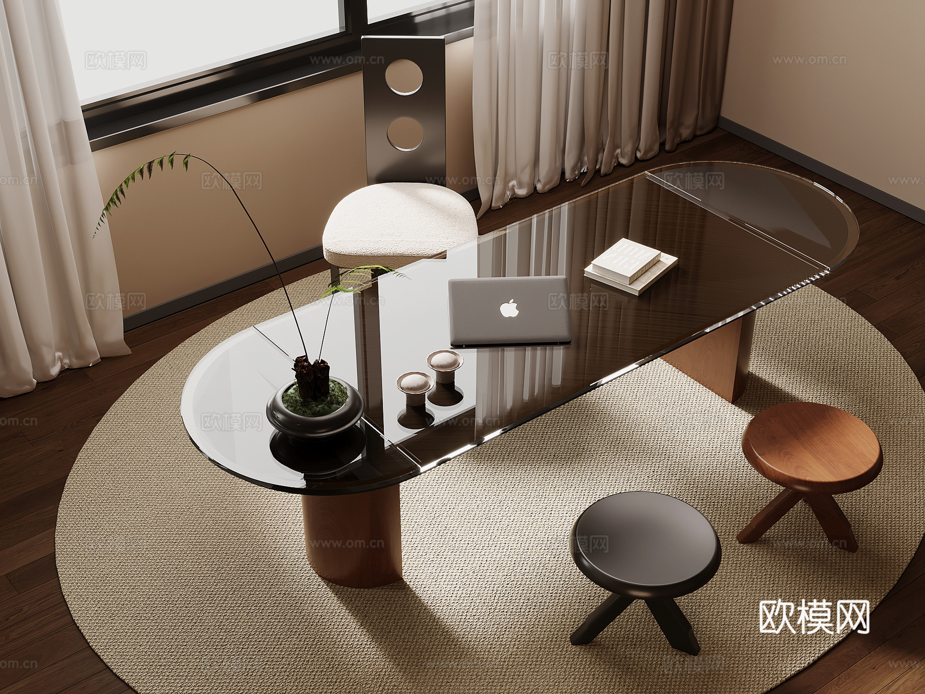 中古风书桌椅 办公桌椅su模型