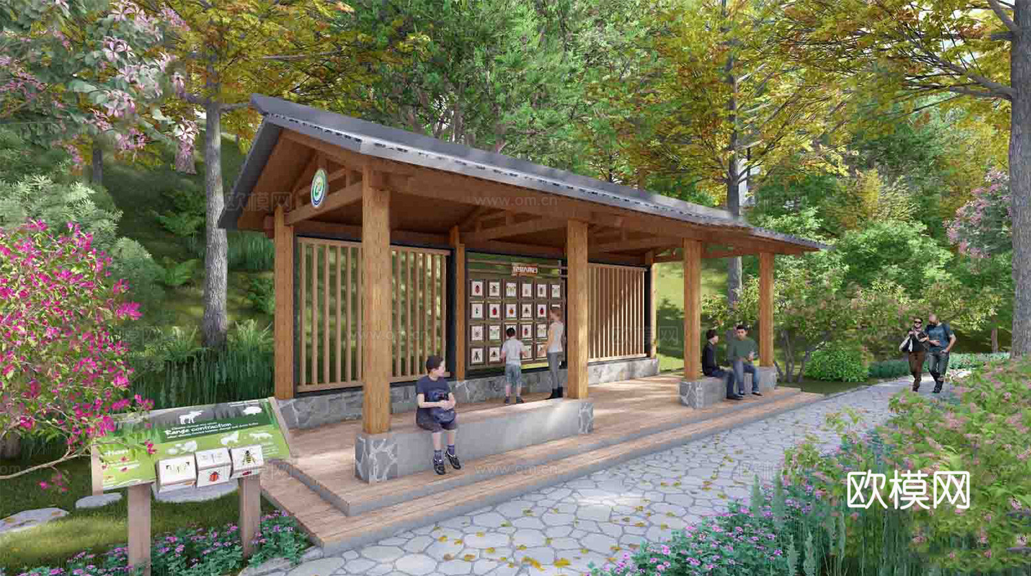 中式廊架 科普长廊 文化长廊su模型