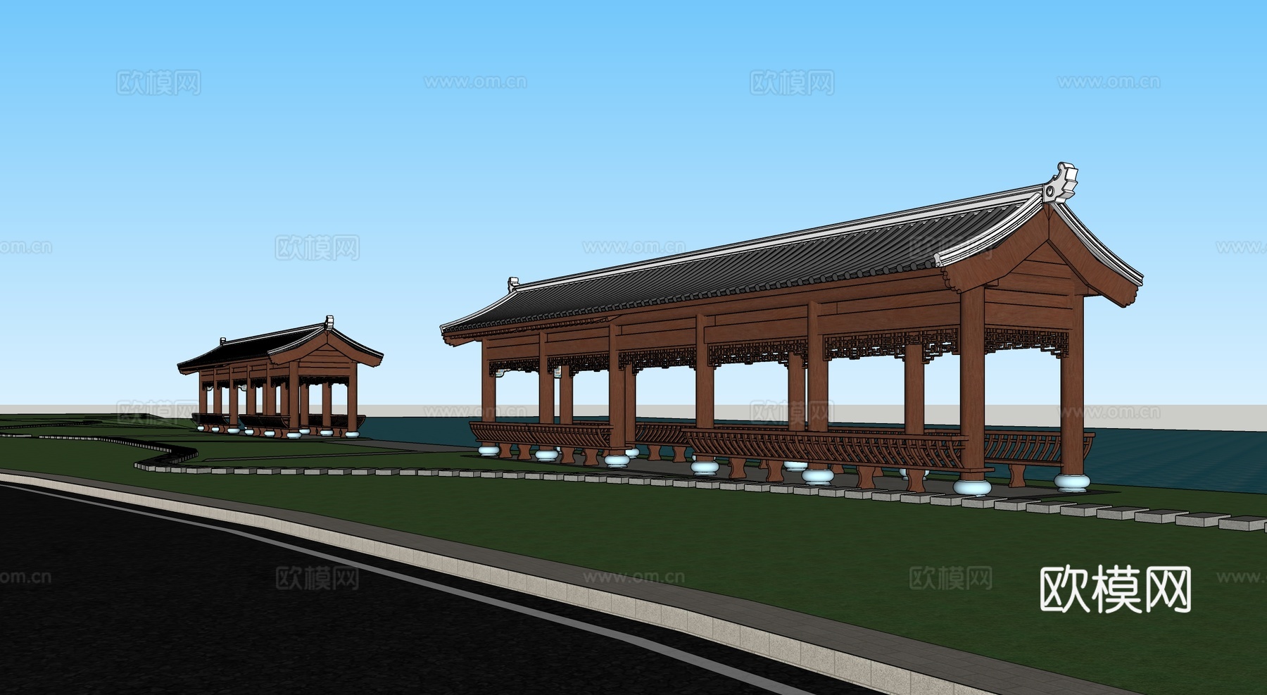 新中式亭廊 木材 长条形su模型