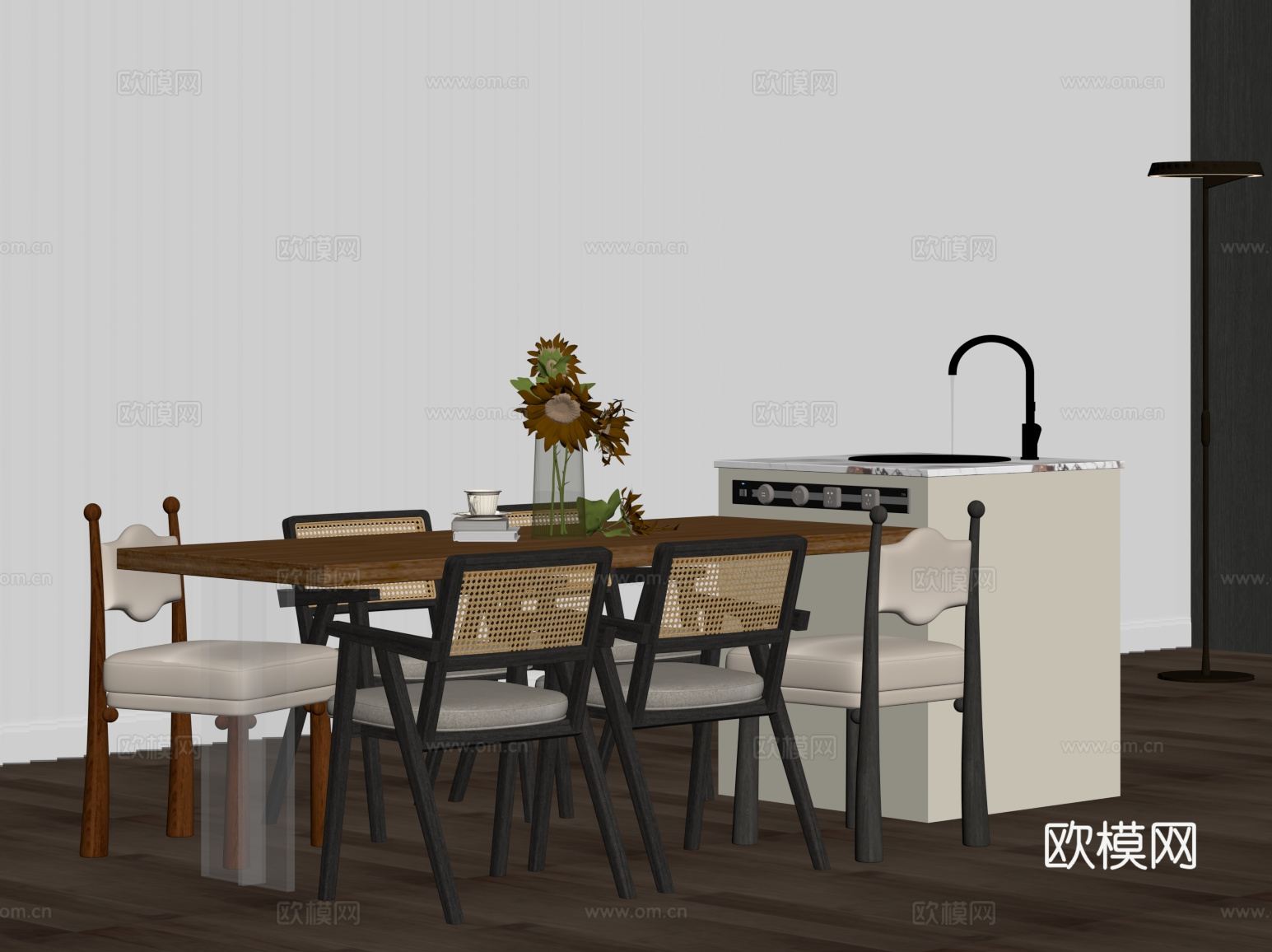 法式复古风岛台 餐桌椅su模型