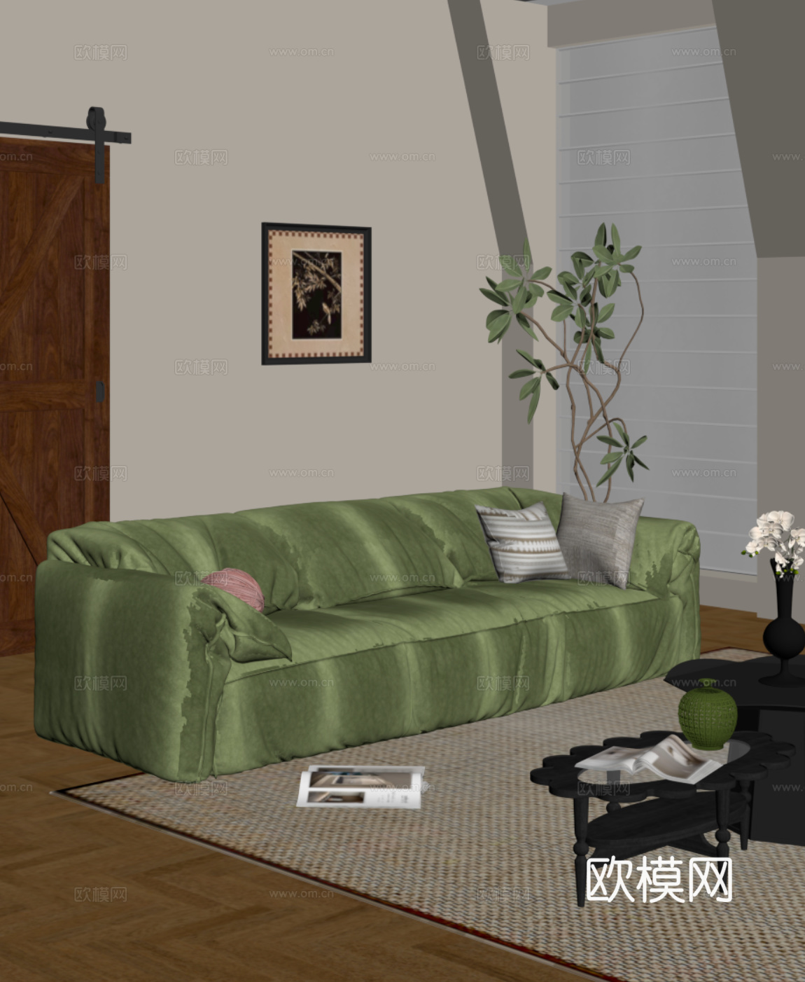 法式复古风多人沙发 直排沙发 布艺沙发su模型