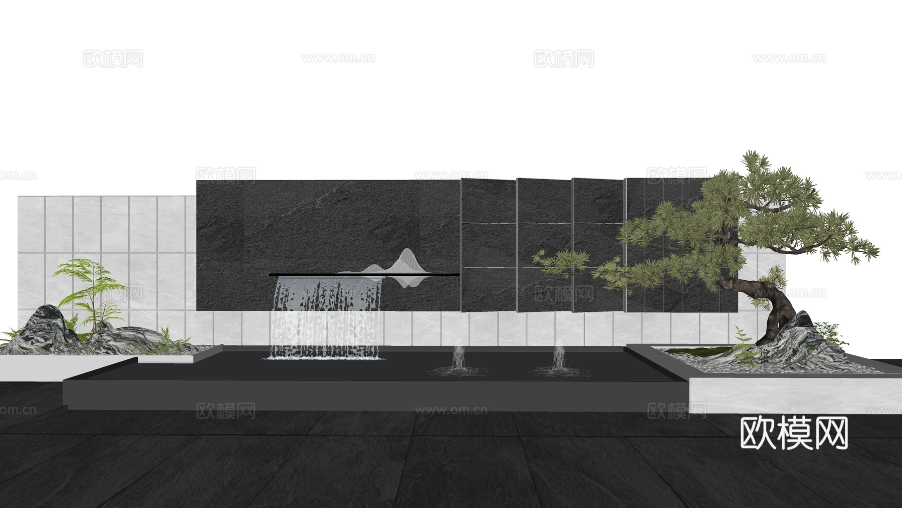 现代叠水景墙 直线 庭院景墙su模型