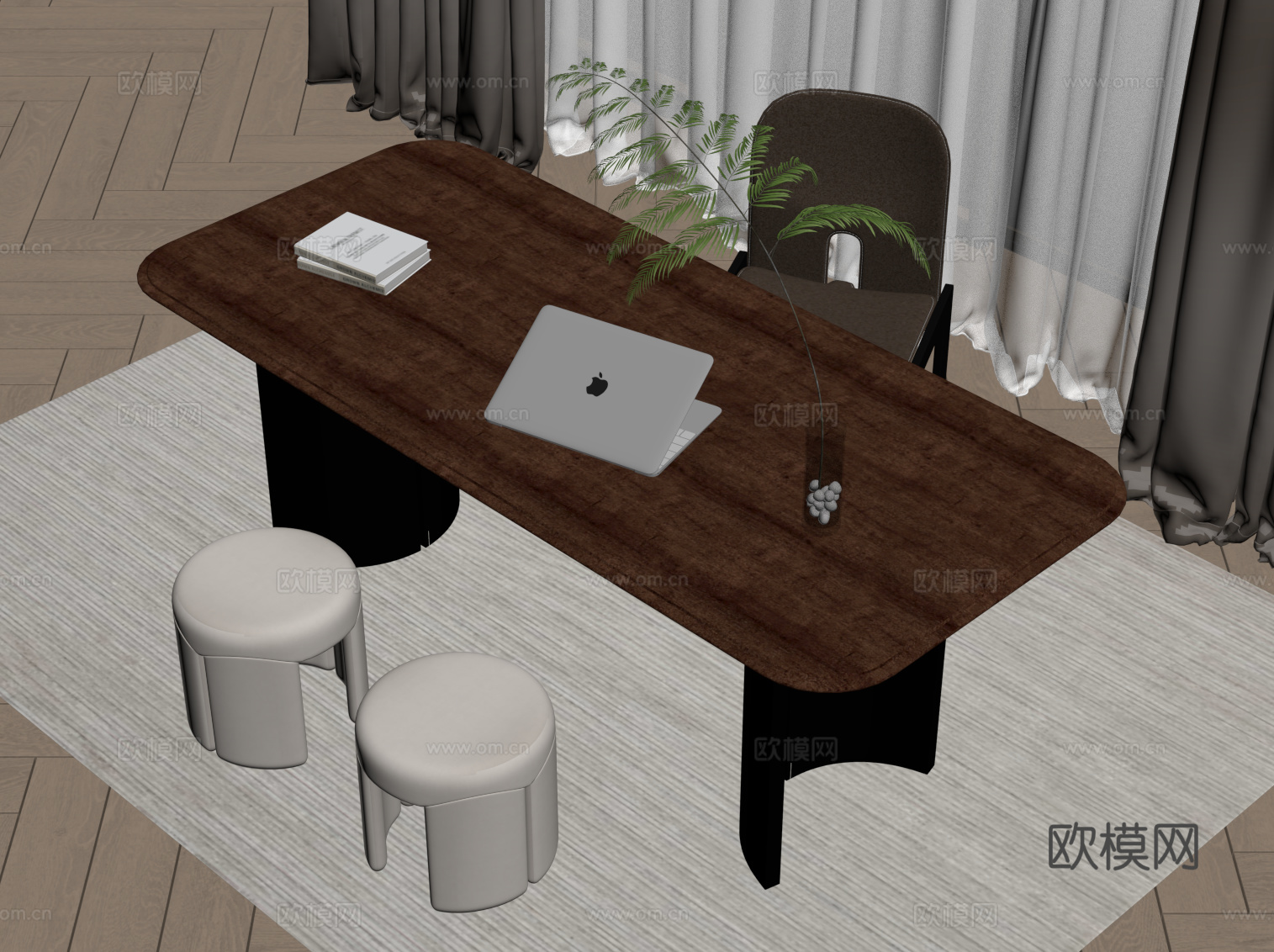 中古风书桌椅 办公桌椅su模型