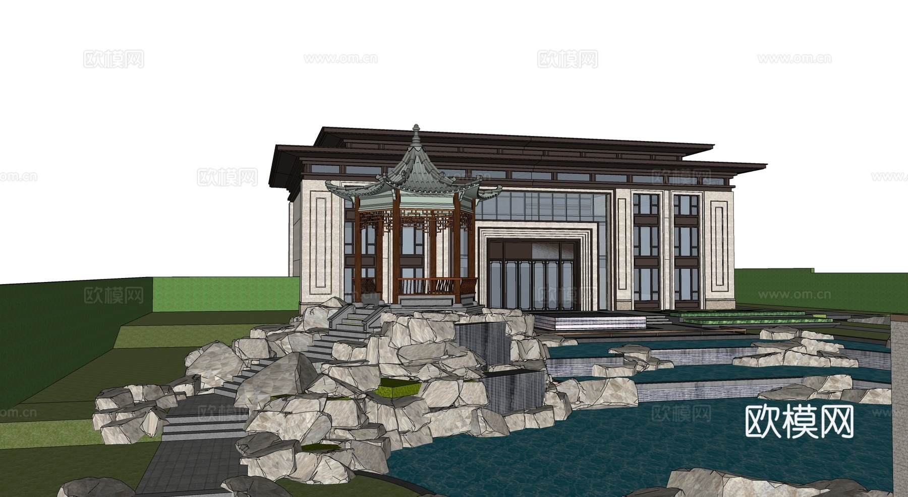 新中式园艺小品 假山亭台su模型