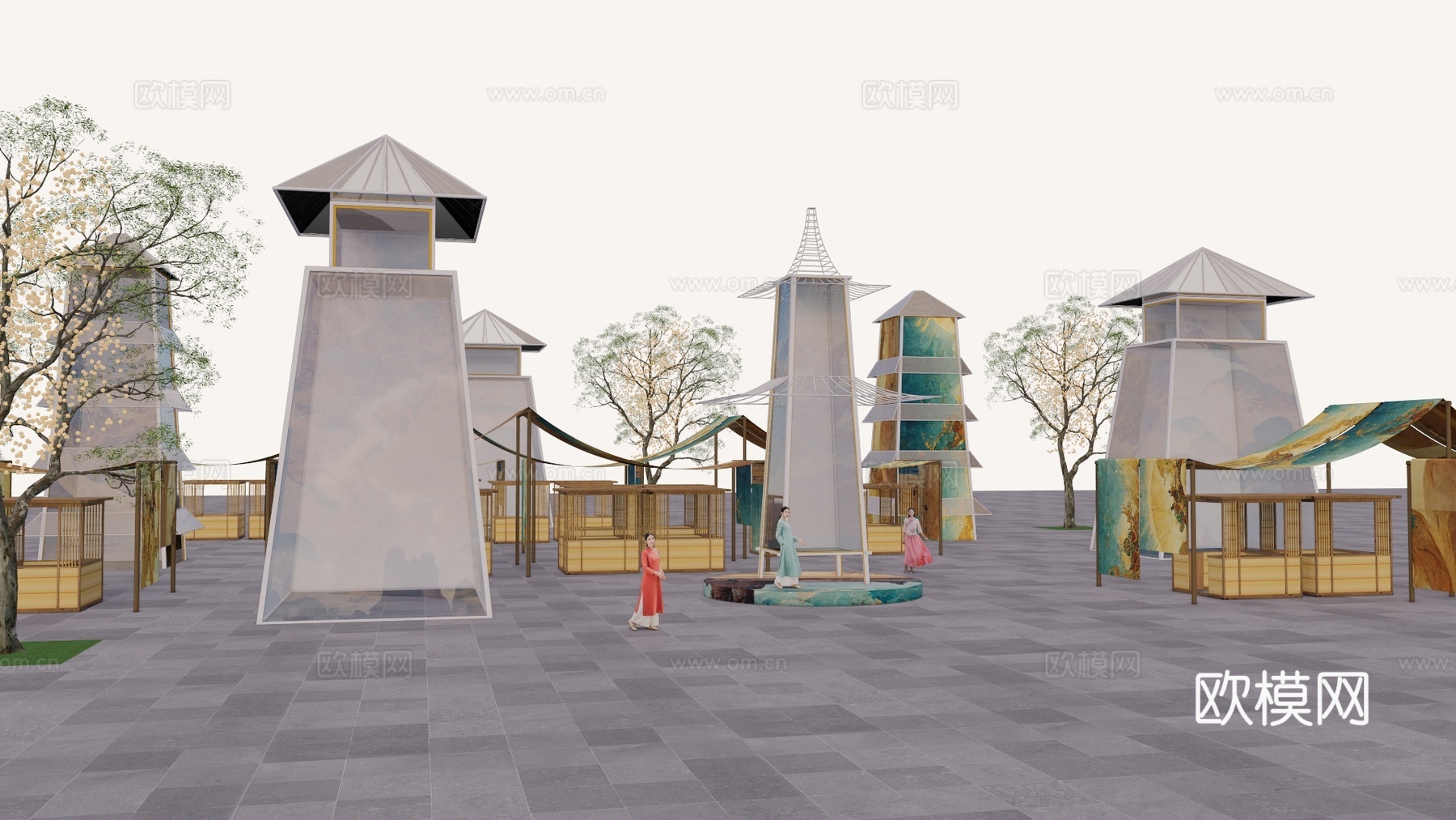 长廊 中式 博物馆 展厅 大唐 壁画 艺术 古风 工装 模型su模型