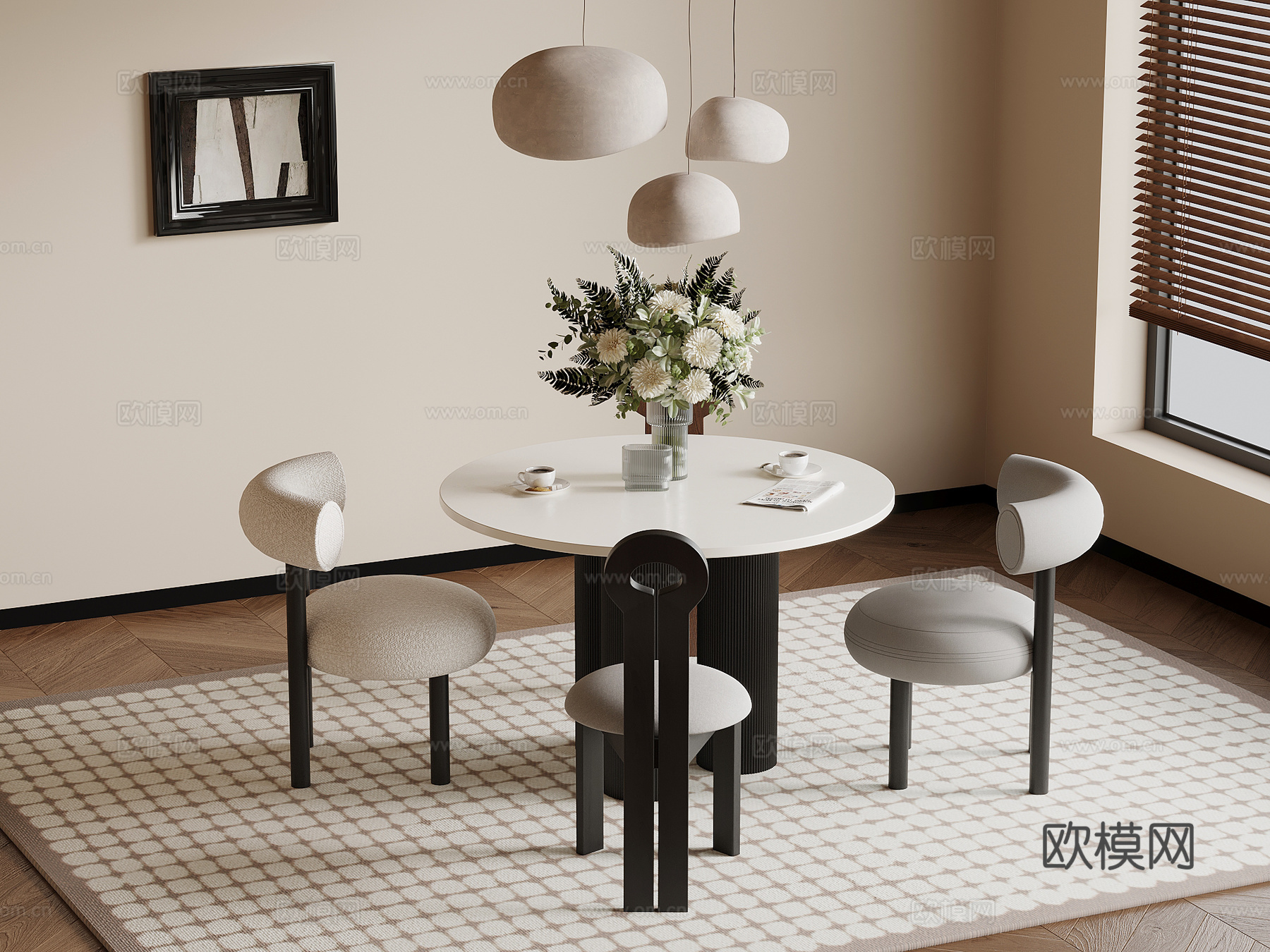 法式复古风餐桌椅 圆形餐桌 吊灯su模型