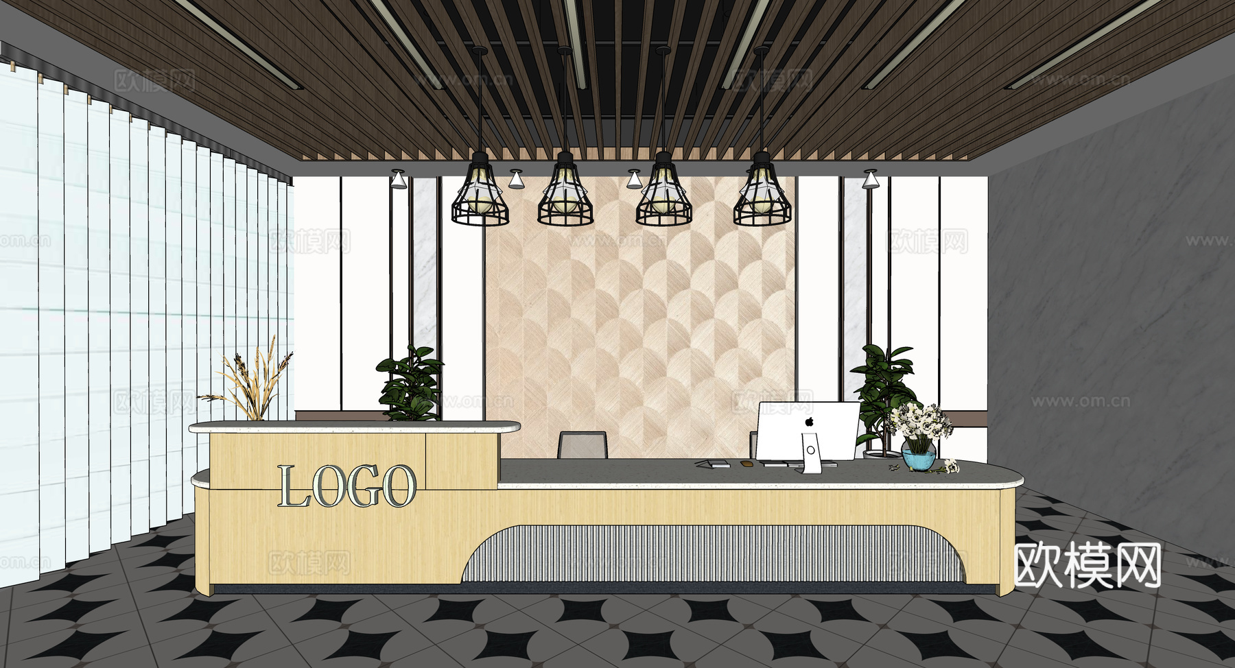0037现代简约办公室前台接待台su模型